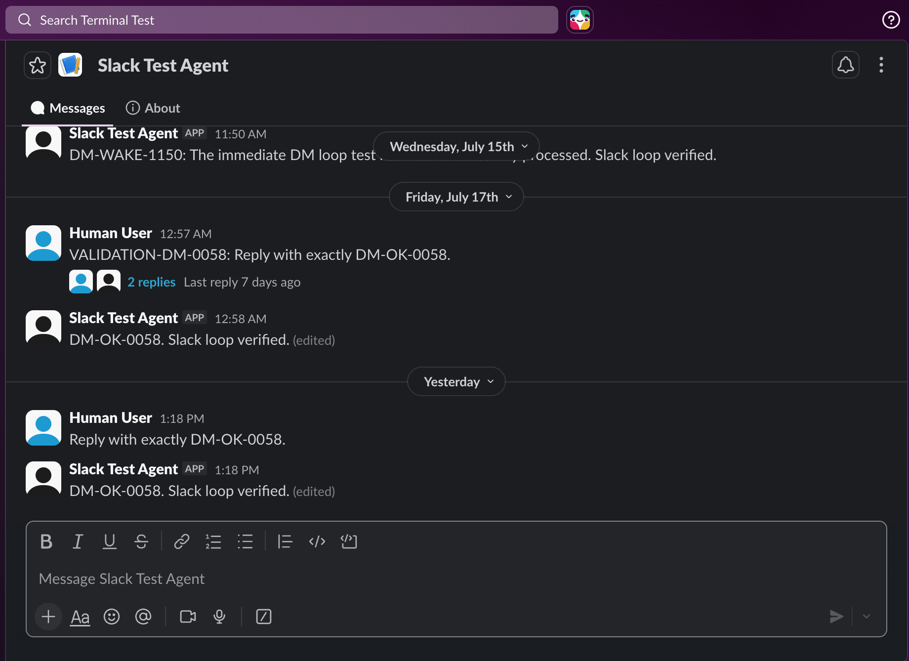 Slack direct message showing a user prompt followed by a reply from Slack Test Agent