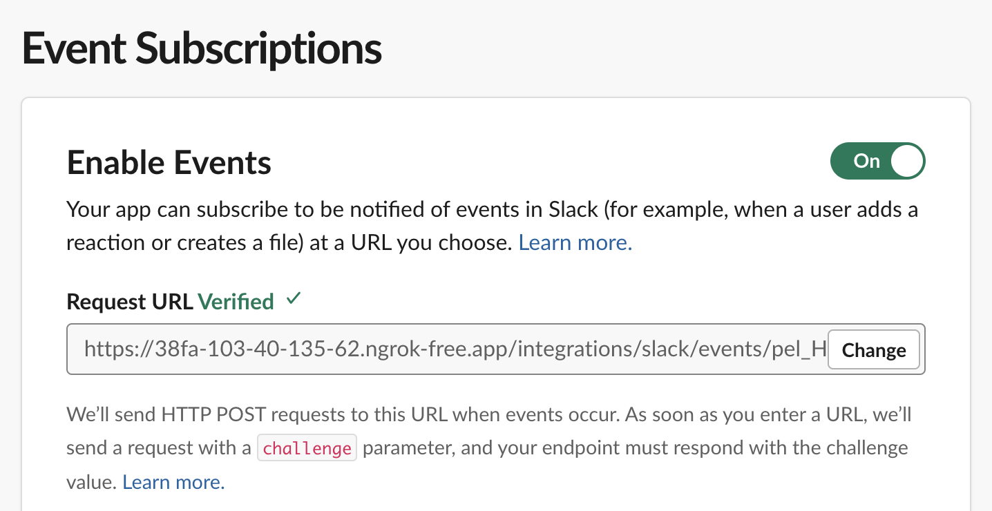 Slack Event Subscriptions page showing a verified Request URL
