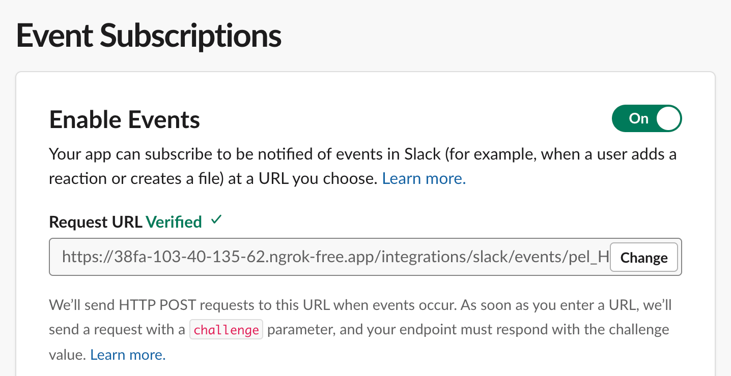 Slack Event Subscriptions page showing a verified Request URL