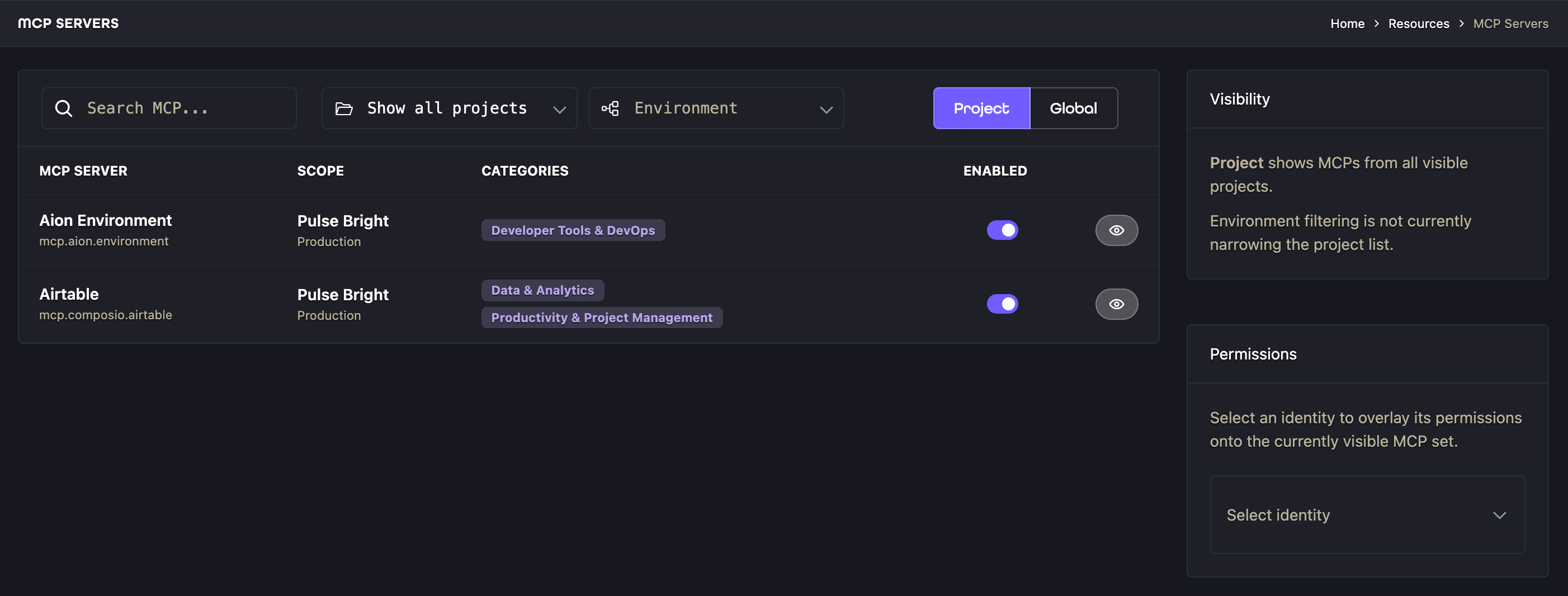 MCP Servers Project catalog with search, filters, enabled servers, visibility, and an Identity selector