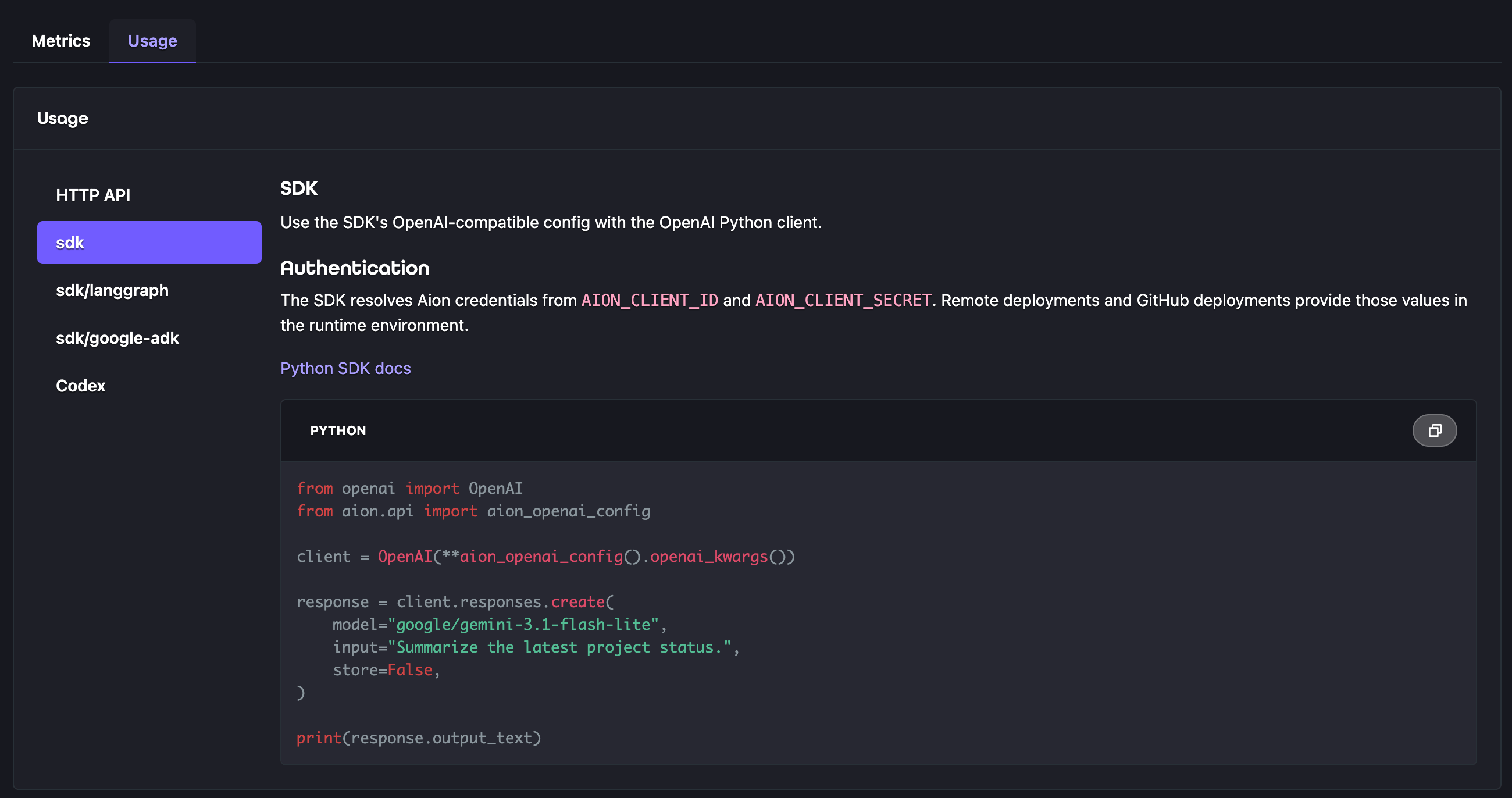 Model Service Usage tab showing the Python SDK example and deployment credential guidance
