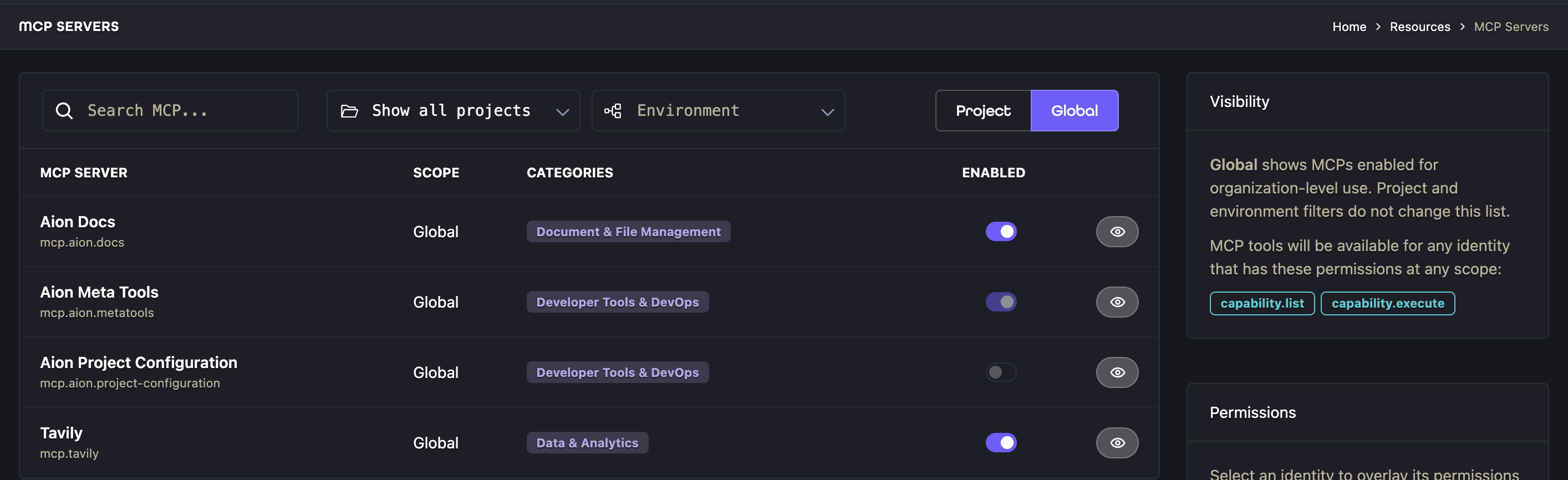 MCP Server catalog showing global services, visibility, and required permissions