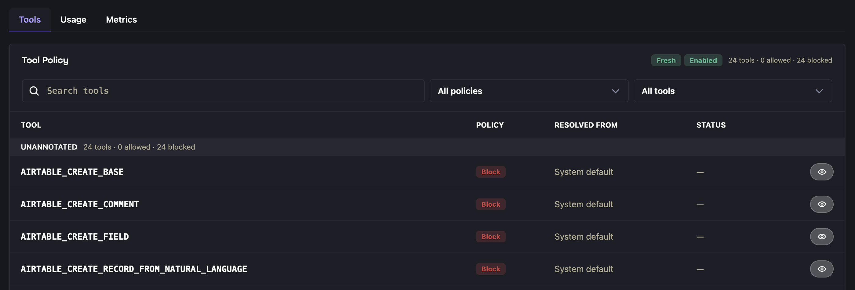 MCP tools view showing searchable tools and their resolved policies
