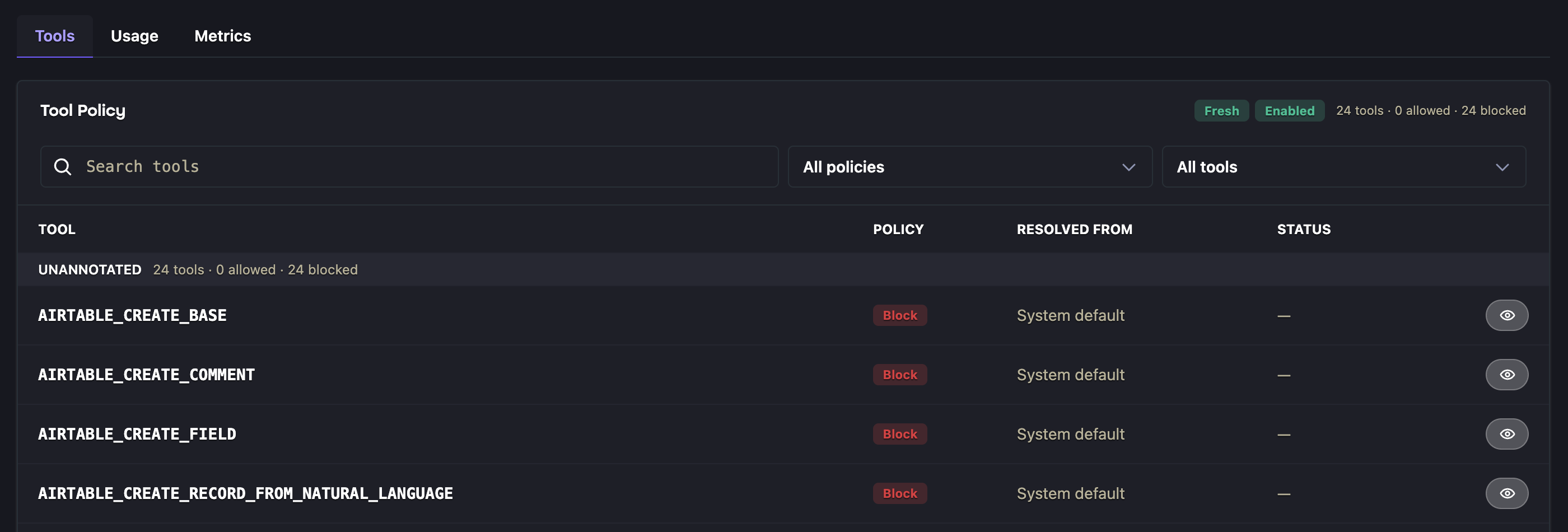 MCP tools view showing searchable tools and their resolved policies