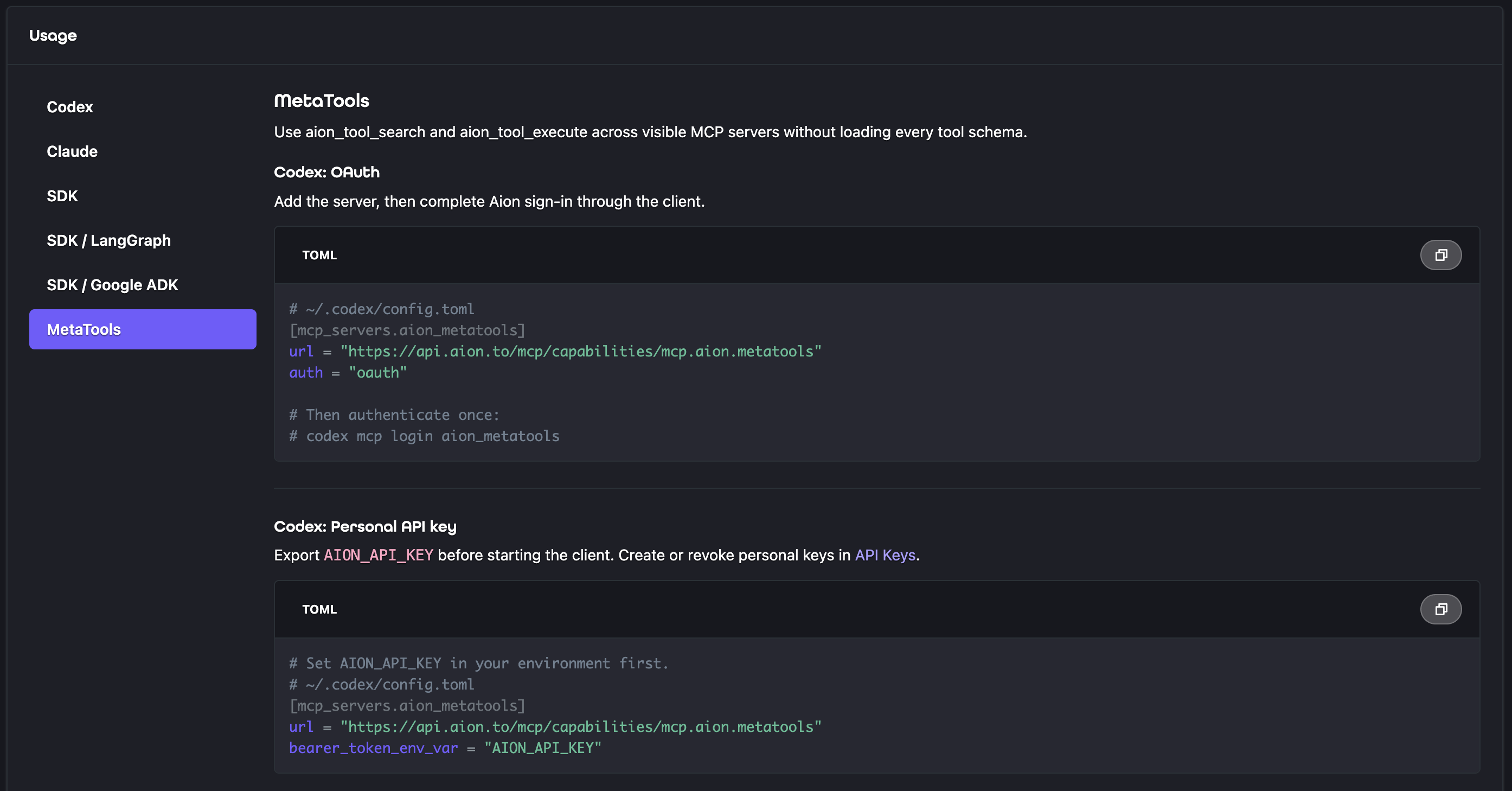 Aion Meta Tools usage instructions for Codex, Claude, and Aion SDK integrations