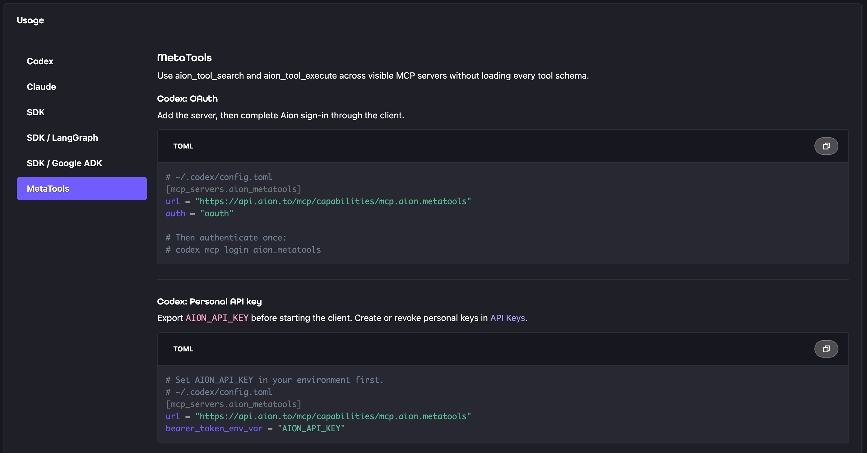 Aion Meta Tools usage instructions for Codex, Claude, and Aion SDK integrations