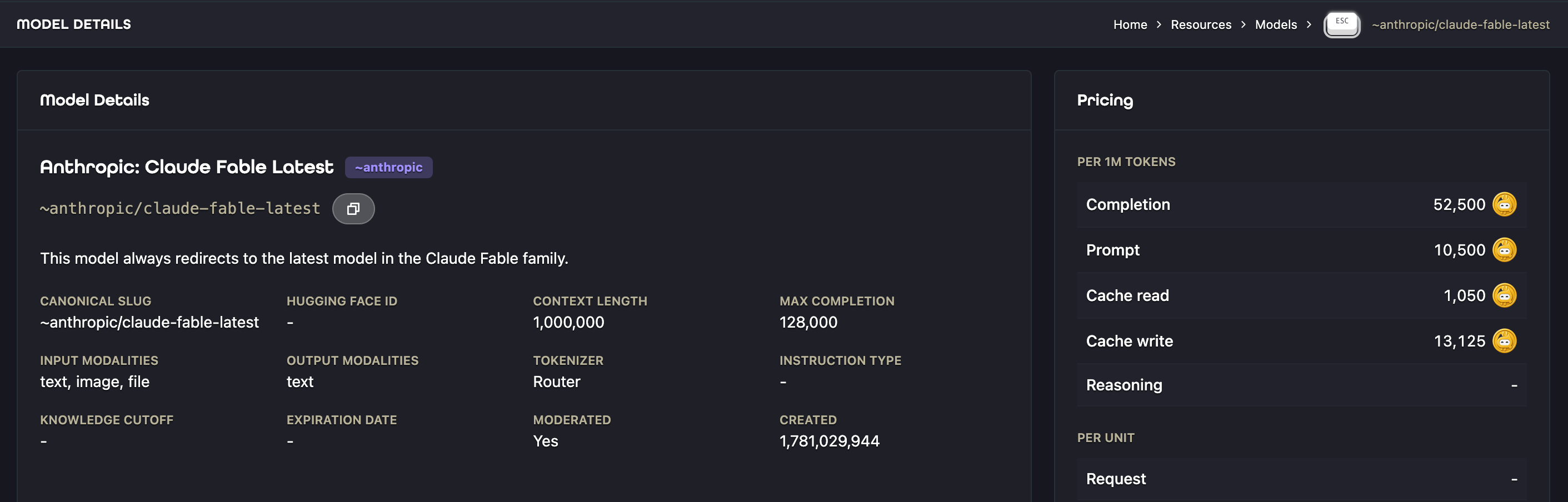Model details showing capabilities, context limits, and pricing