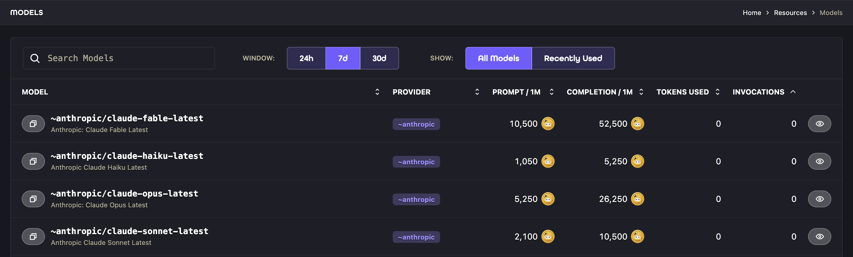 Model catalog showing providers, pricing, token usage, and invocation counts