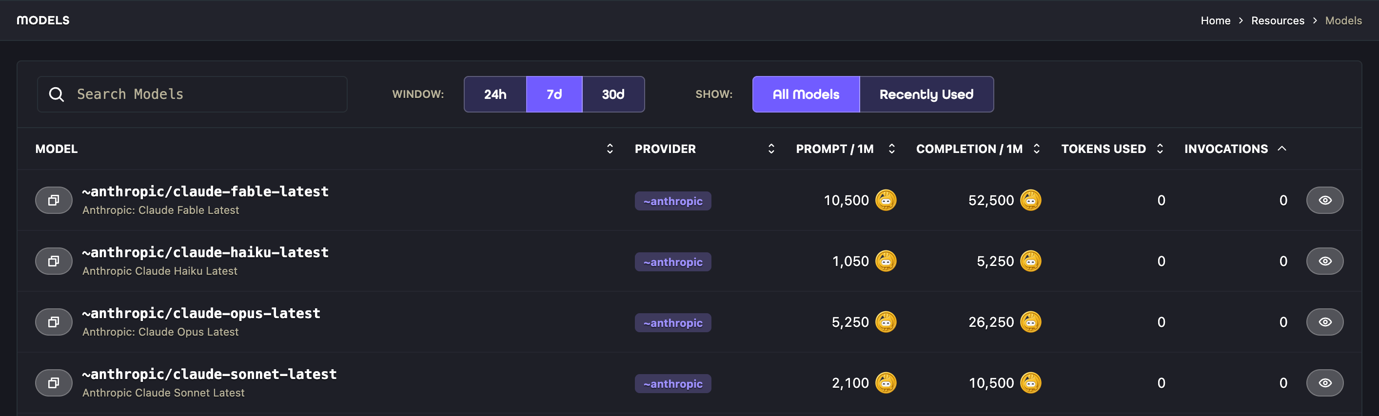 Model catalog showing providers, pricing, token usage, and invocation counts