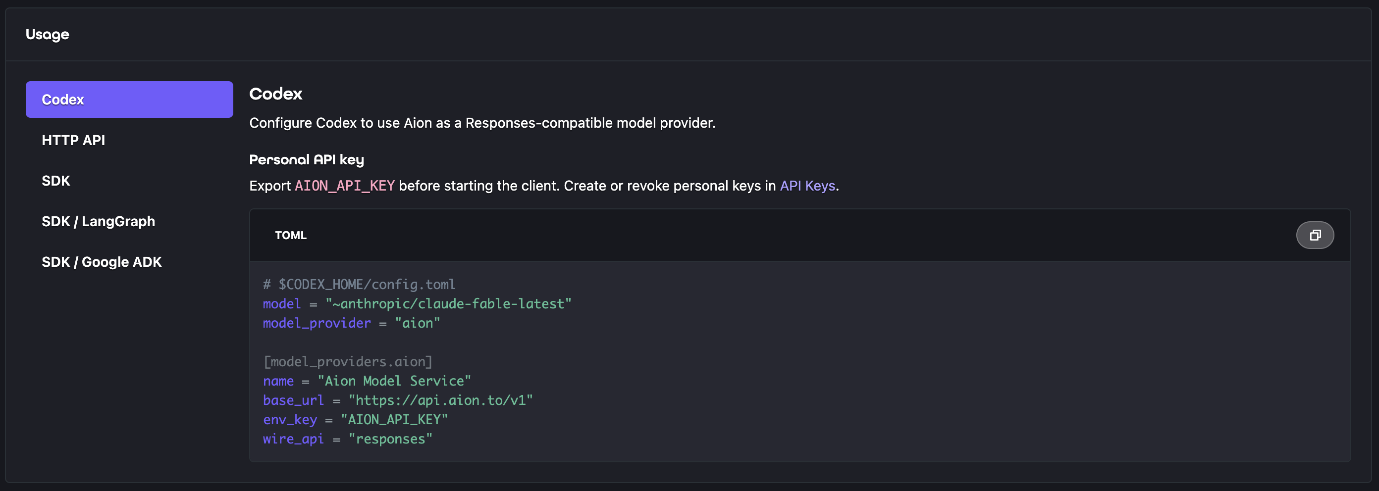 Model Service usage instructions for Codex, HTTP, and Aion SDK integrations