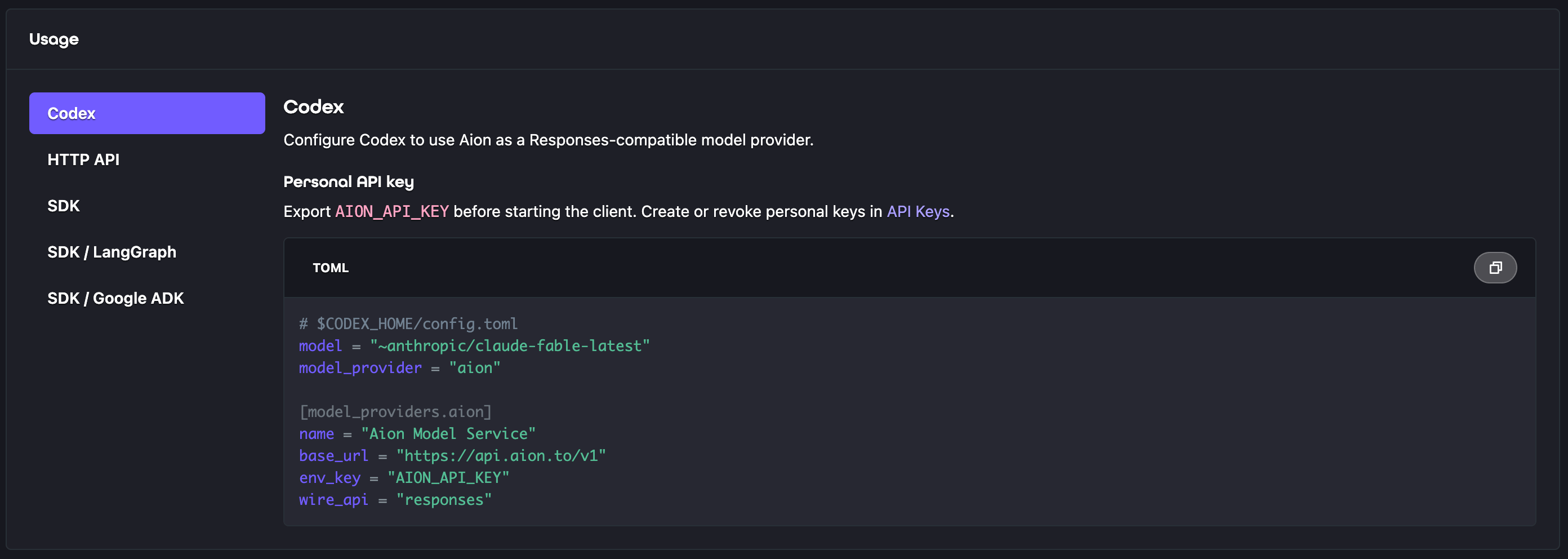 Model Service usage instructions for Codex, HTTP, and Aion SDK integrations