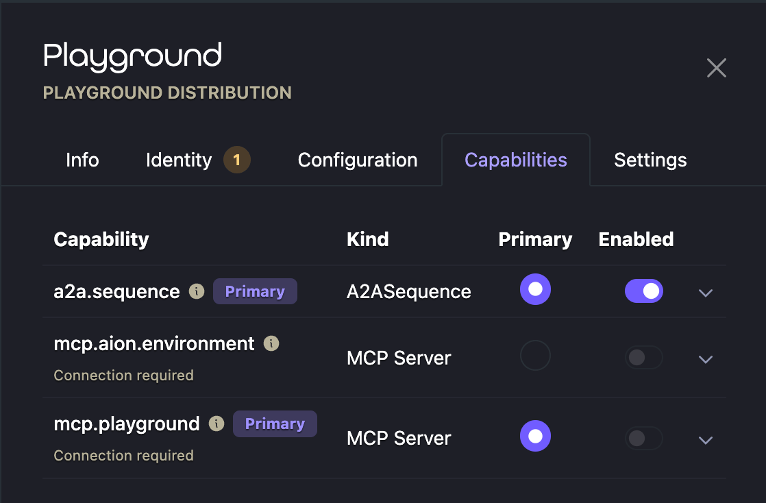 Capabilities tab for a Playground Distribution Ion with a2a.sequence enabled and selected as primary