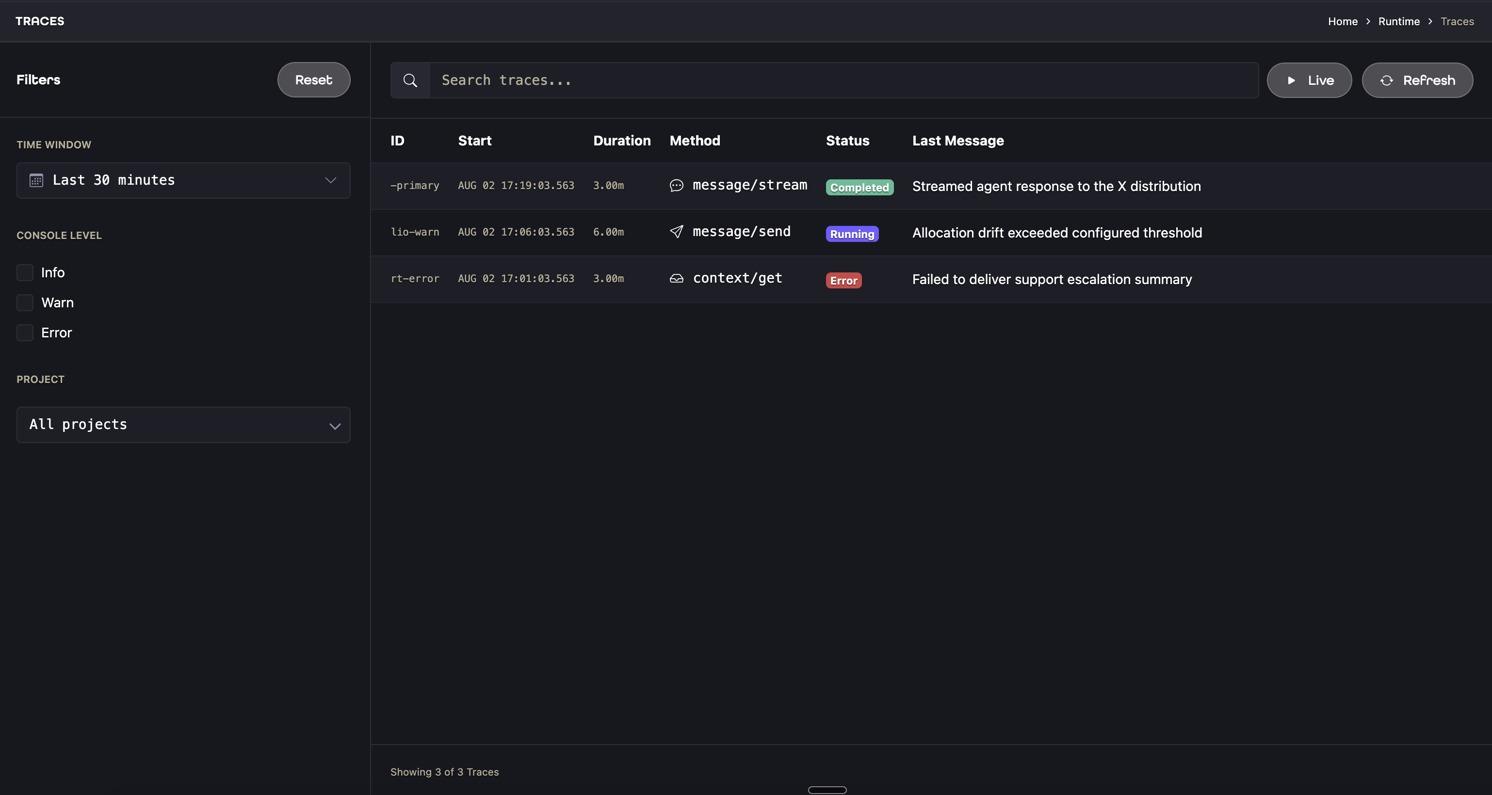 Aion Traces view showing filters and completed, running, and errored runtime flows