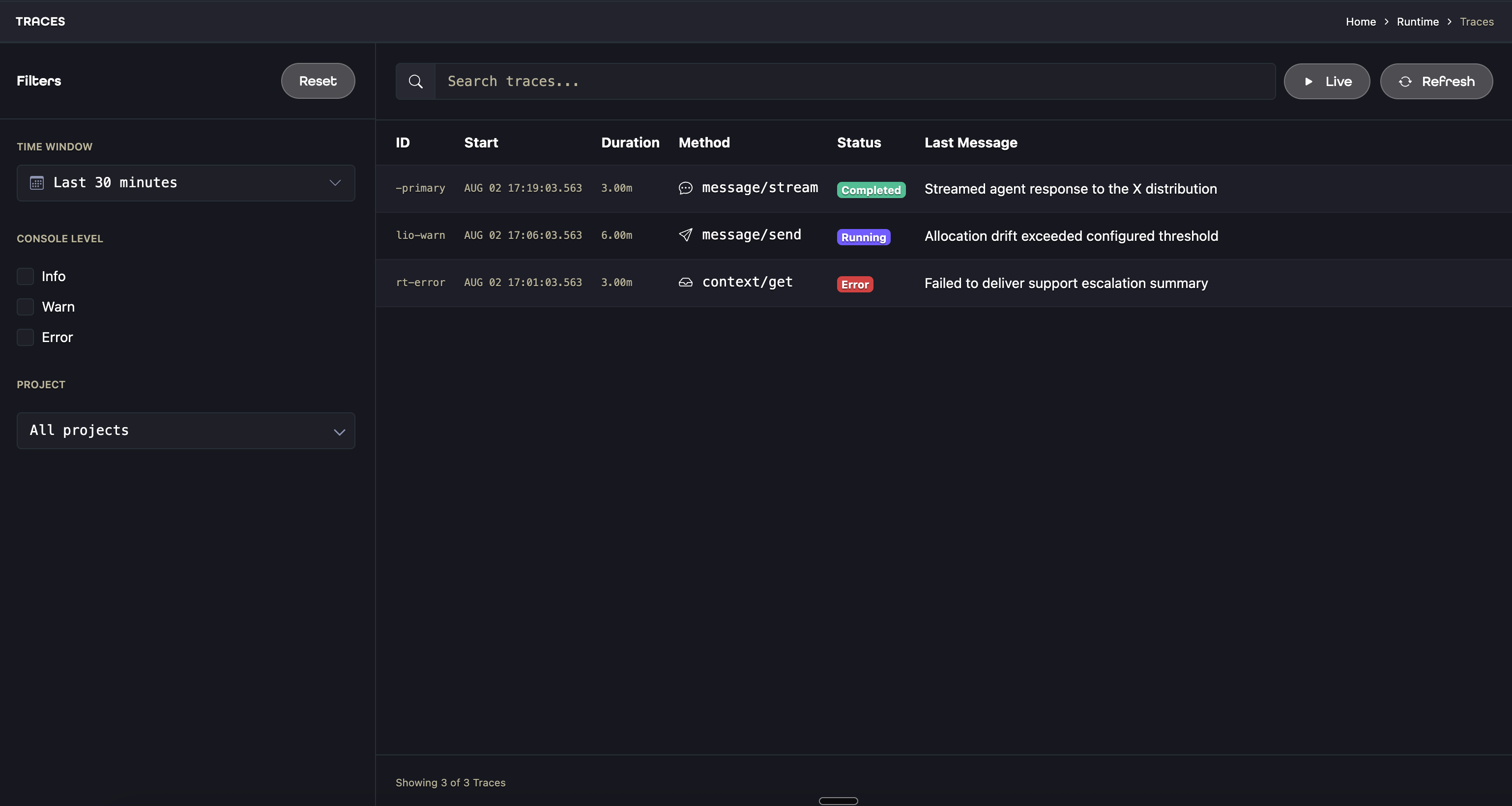 Aion Traces view showing filters and completed, running, and errored runtime flows