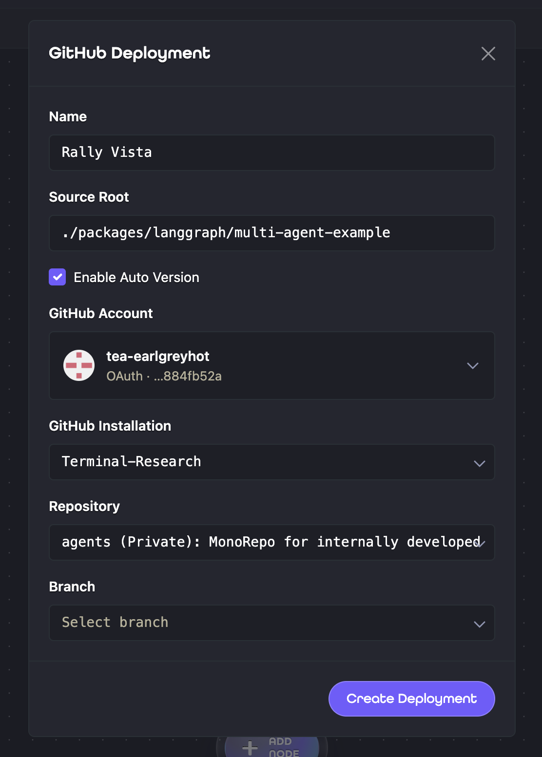 Aion GitHub creation dialog showing the source root, GitHub account, installation, repository, and branch