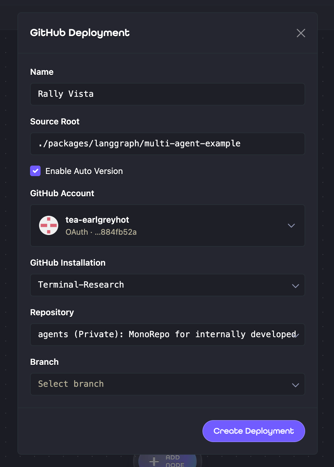 Aion GitHub creation dialog showing the source root, GitHub account, installation, repository, and branch