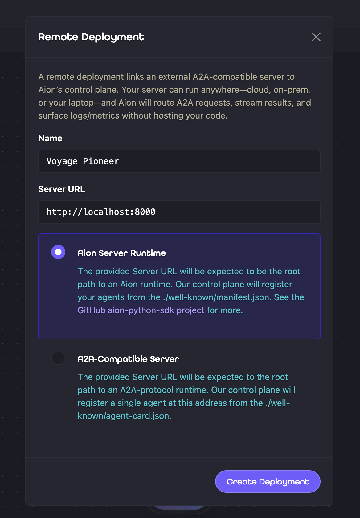 Remote Deployment dialog with Aion Server Runtime selected and fields for the deployment name and server URL