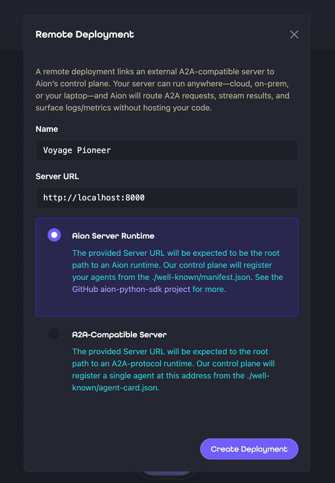 Remote Deployment dialog with Aion Server Runtime selected and fields for the deployment name and server URL