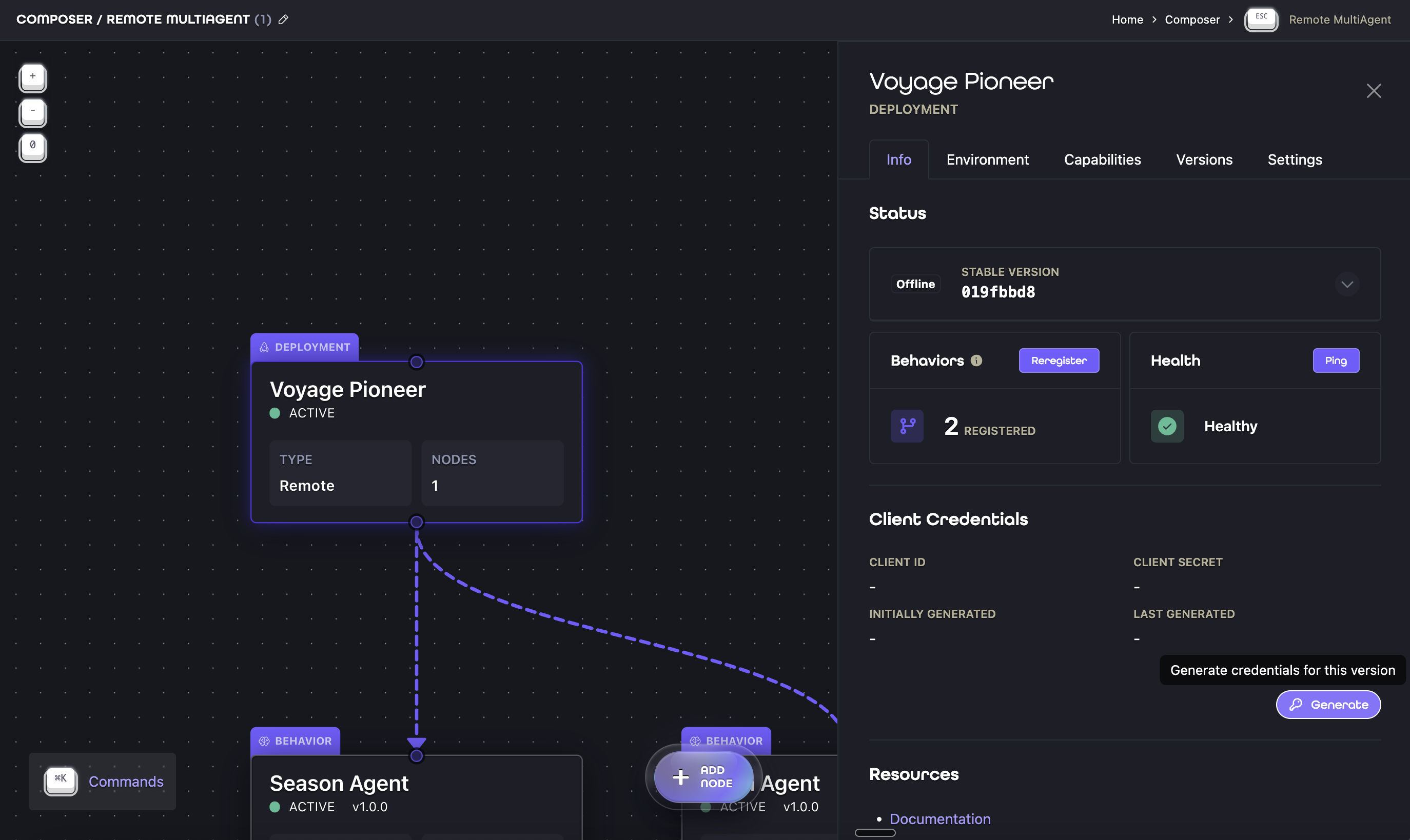 Aion Remote Deployment Ion Info tab showing health, registered Behaviors, and client credential generation