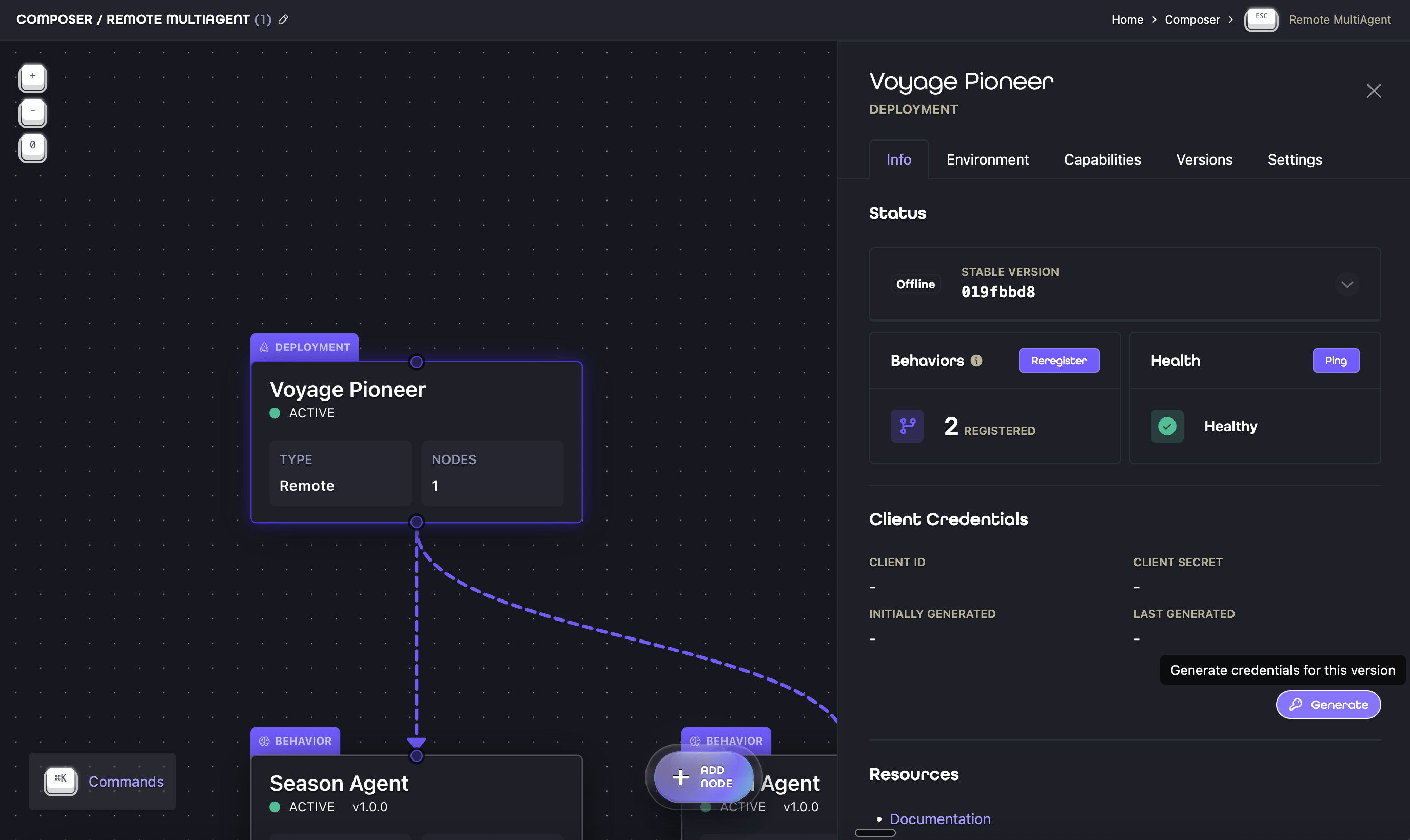 Aion Remote Deployment Ion Info tab showing health, registered Behaviors, and client credential generation