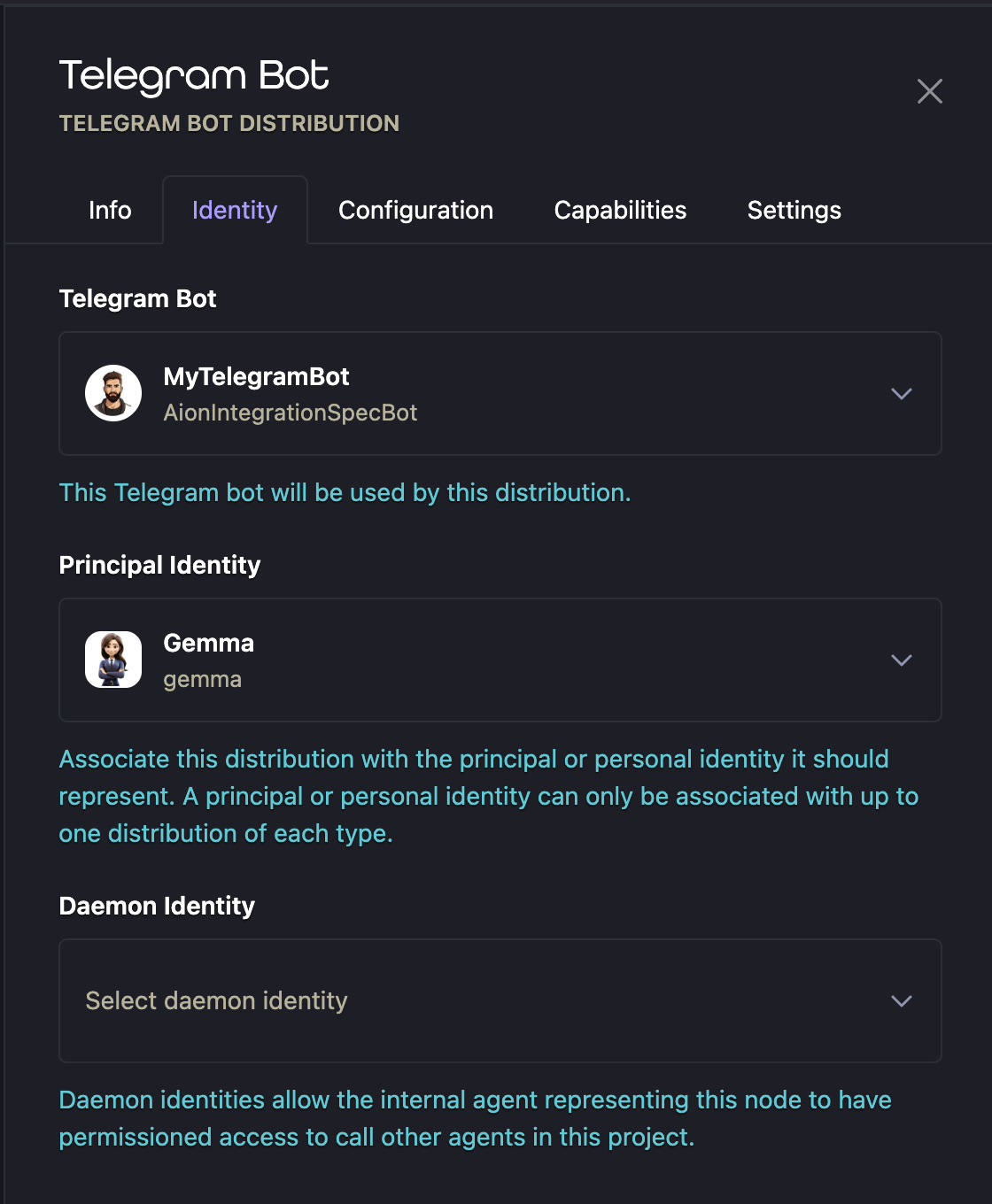 Telegram Bot distribution Identity tab with a bot account, Principal Identity, and Daemon Identity selectors