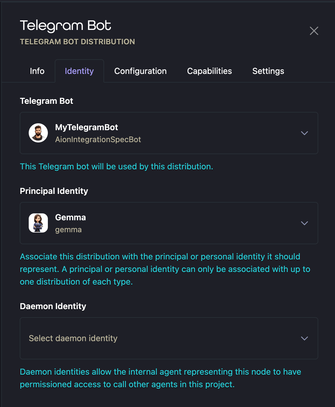 Telegram Bot distribution Identity tab with a bot account, Principal Identity, and Daemon Identity selectors