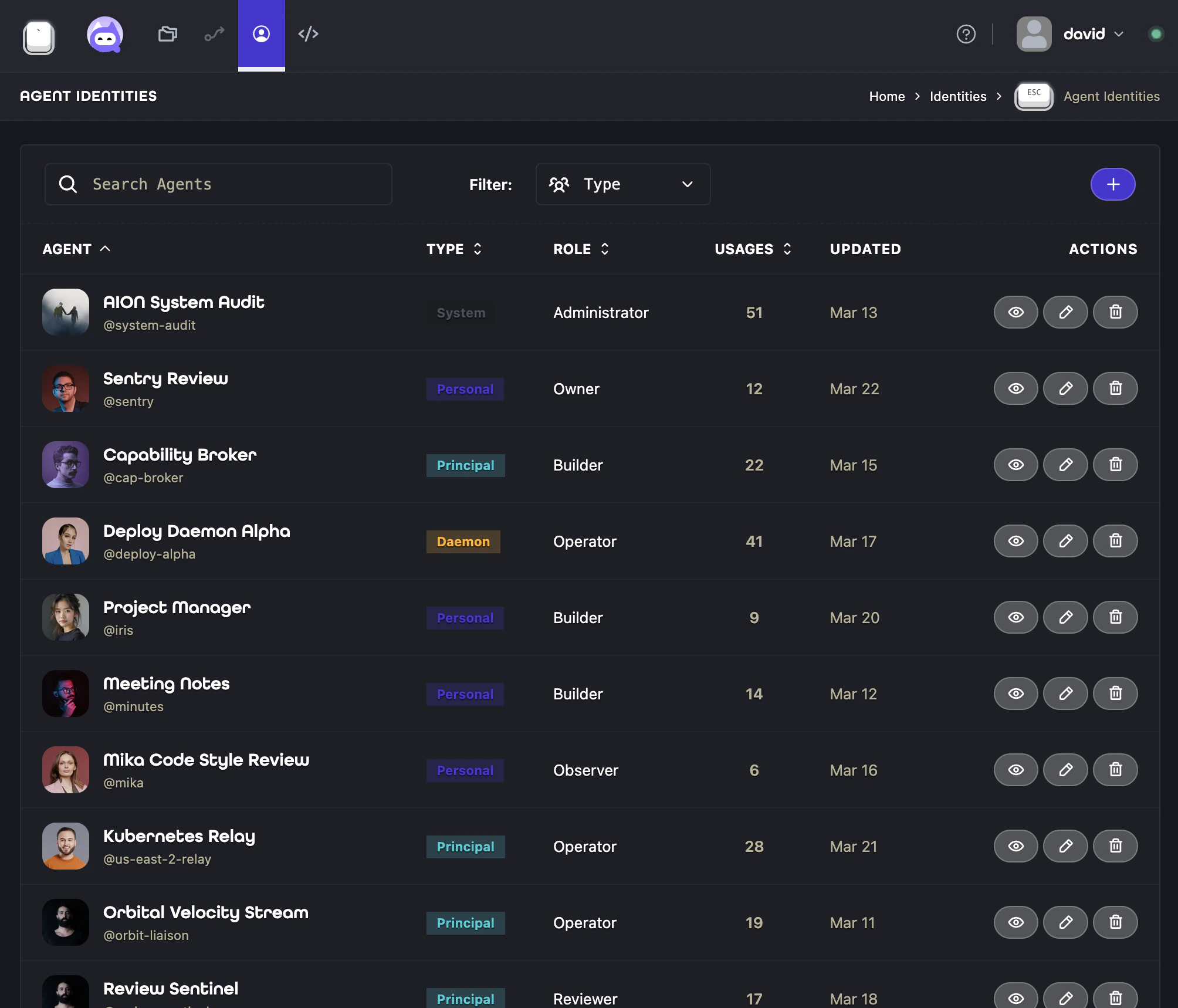 Agent identities interface