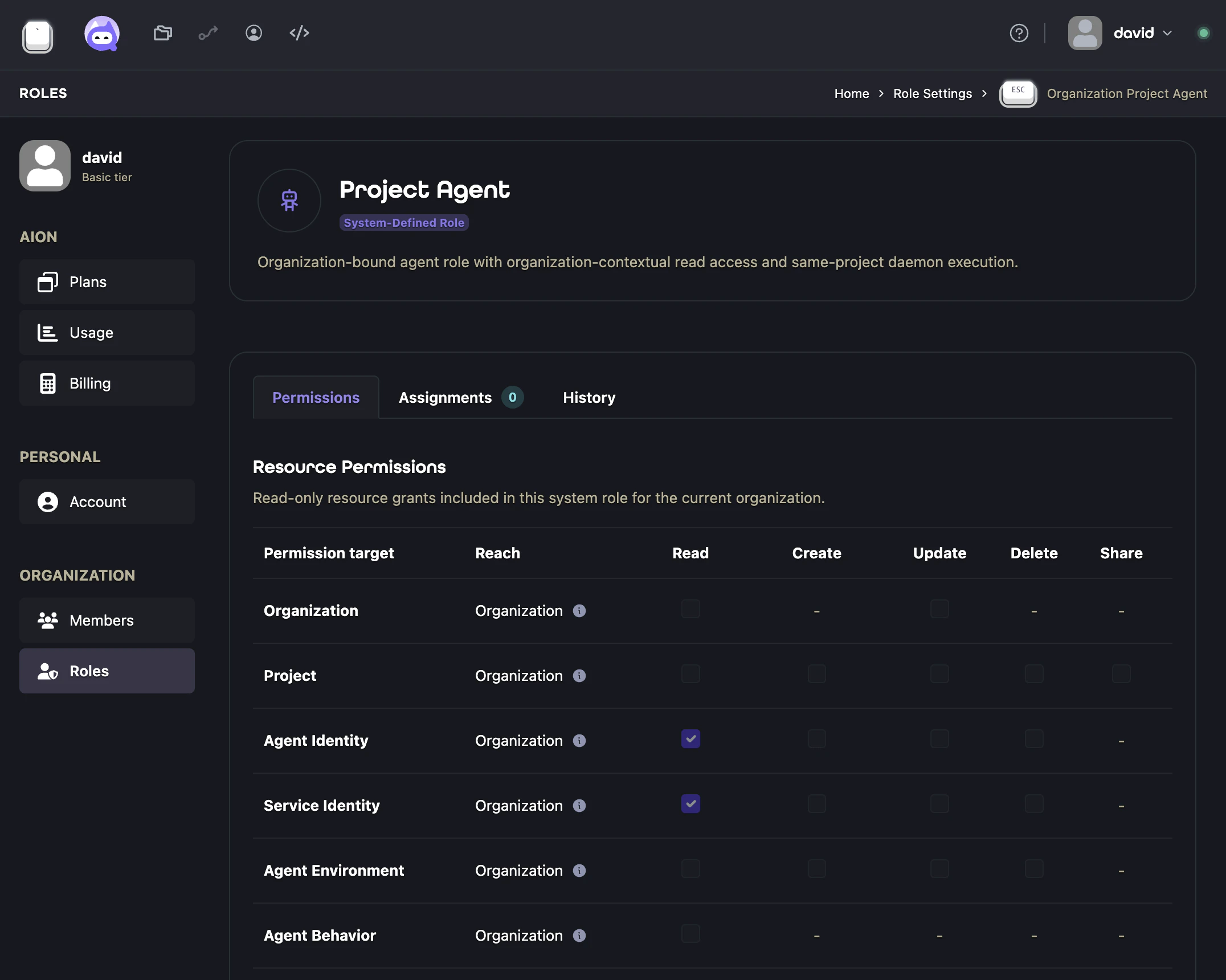 Permissions interface