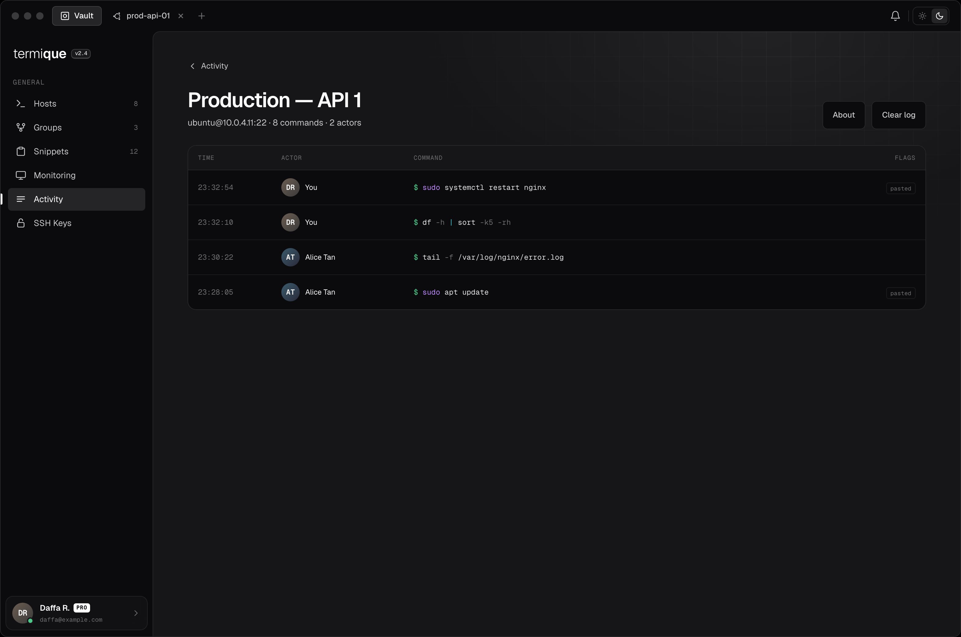 Command log detail showing timestamped commands per actor