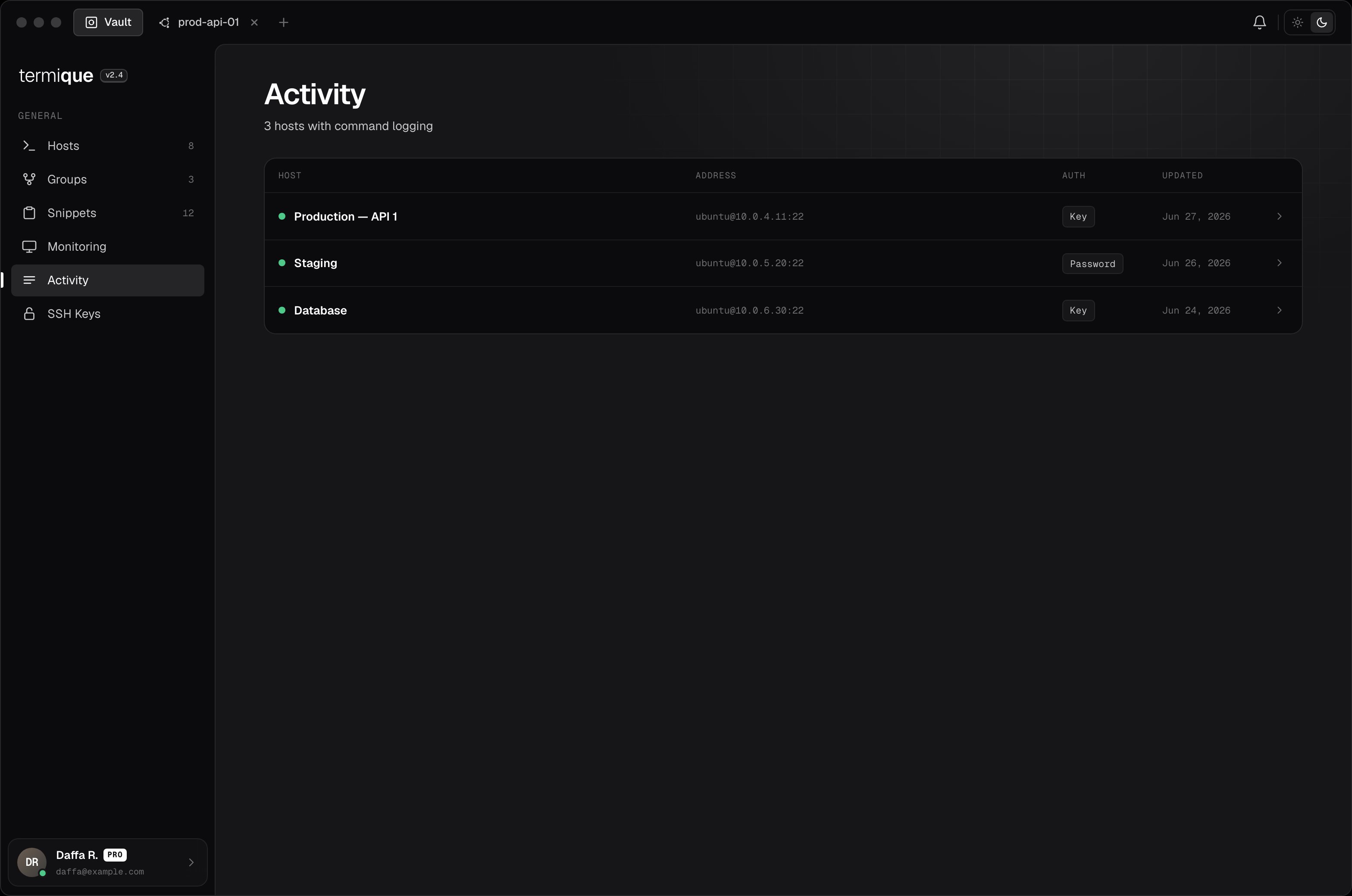 Activity page listing hosts with command logging enabled