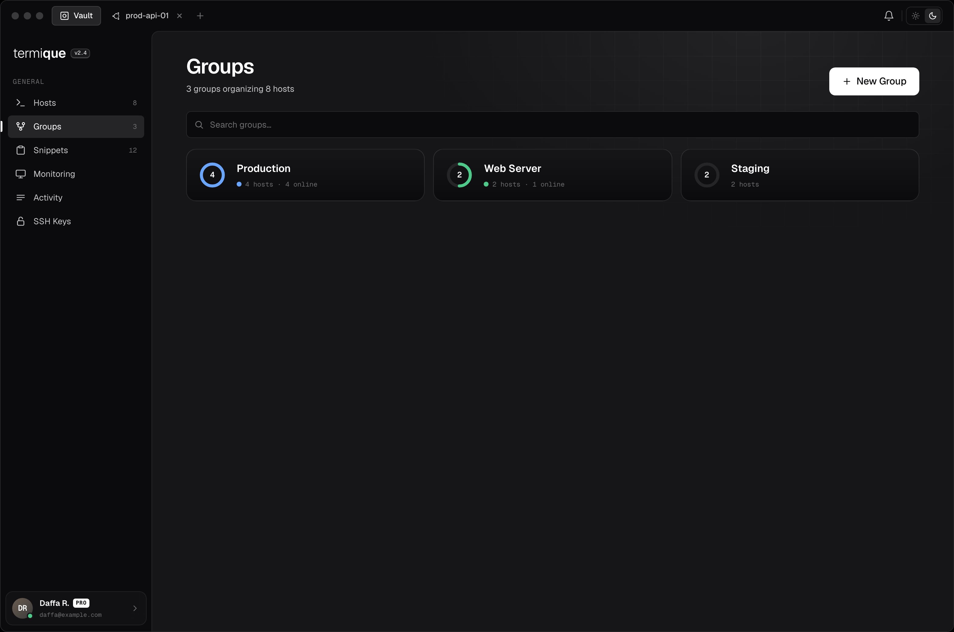Groups list showing named, color-coded host collections