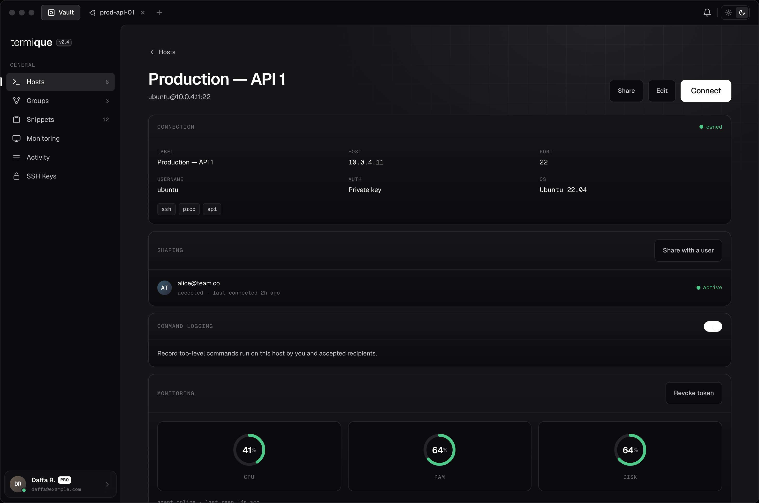Host detail page showing connection info, sharing, command logging, and monitoring