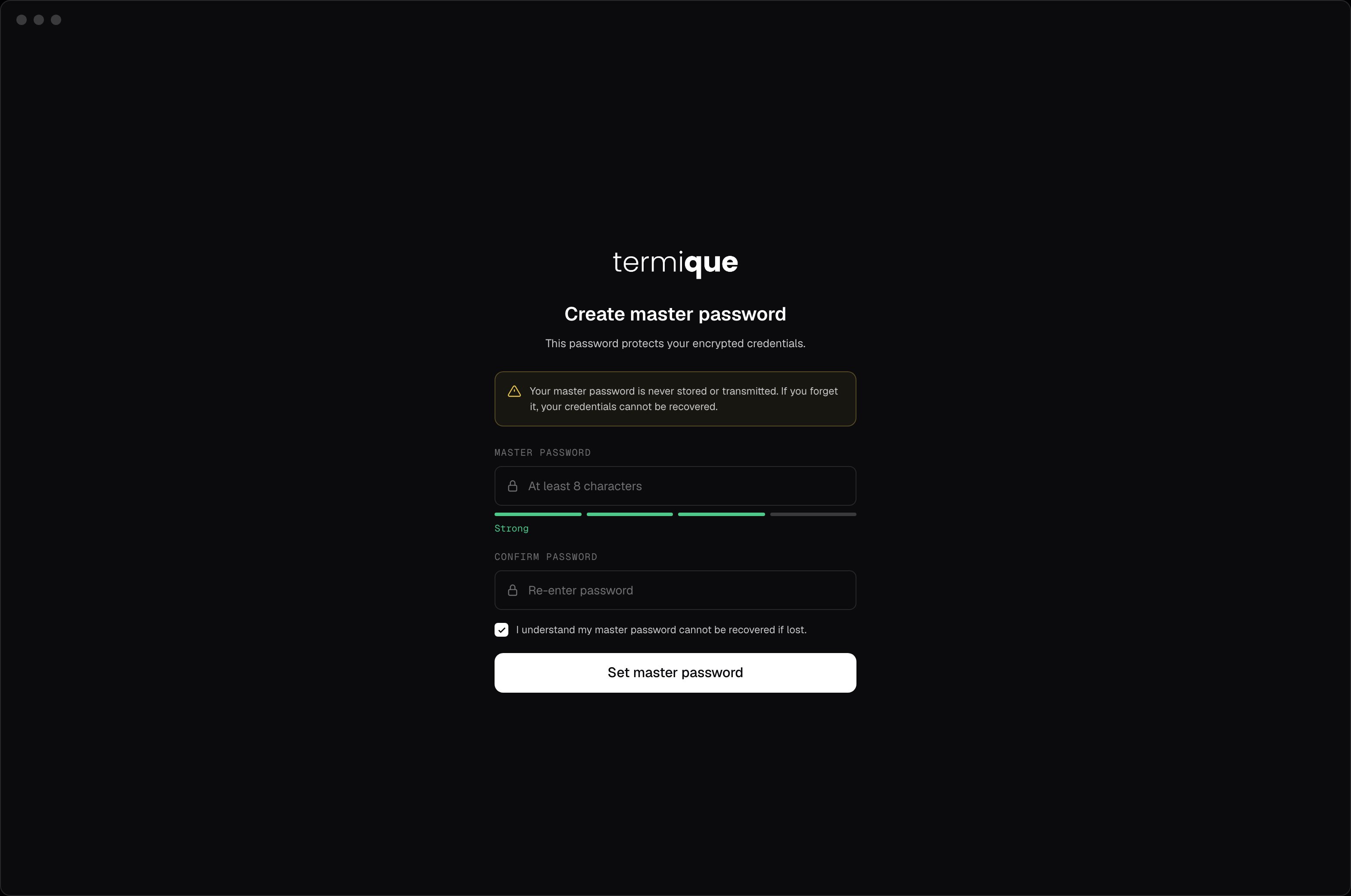 Create master password screen with password strength meter