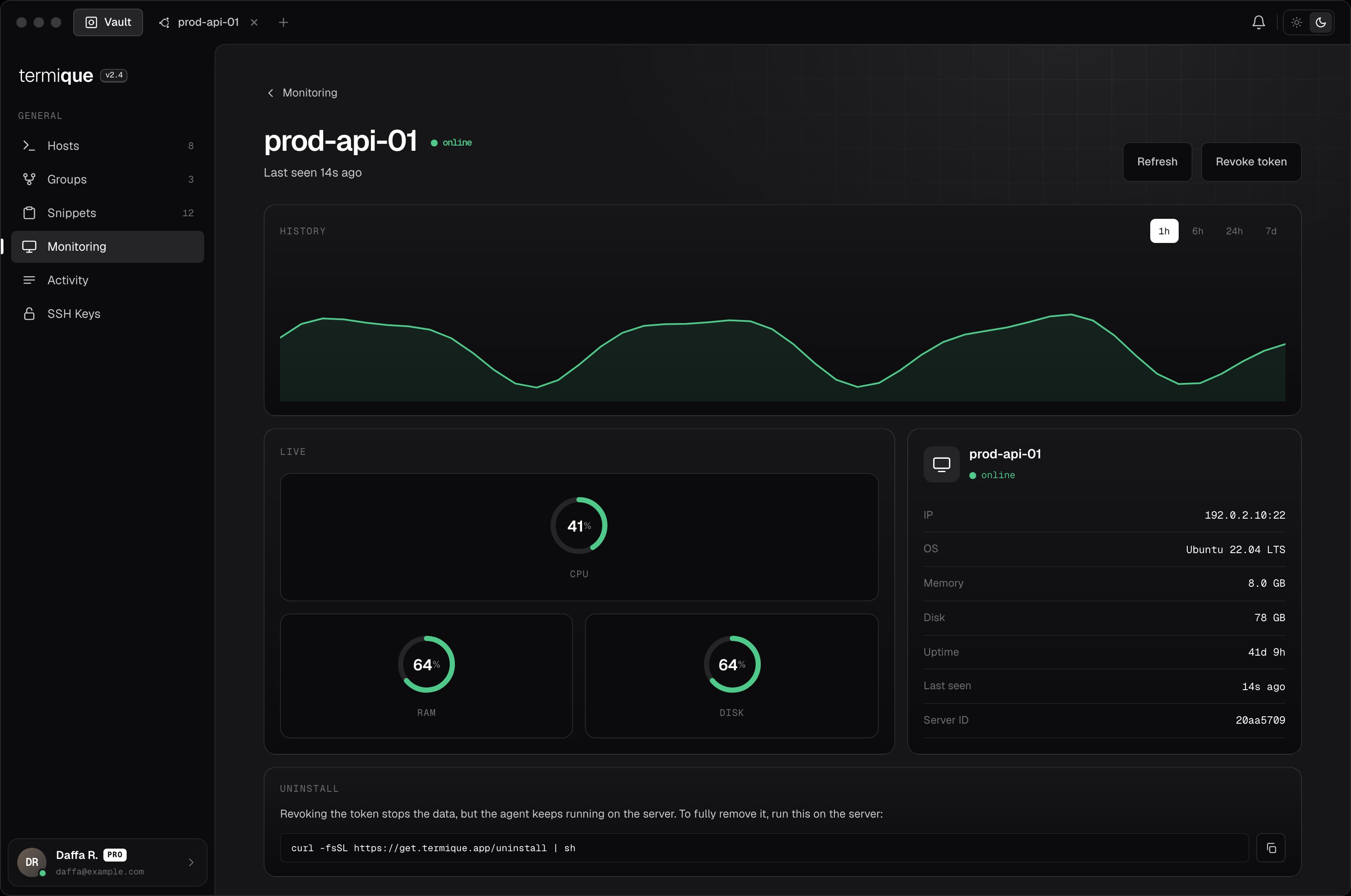Server monitoring detail page showing CPU history chart and live CPU, RAM, disk gauges