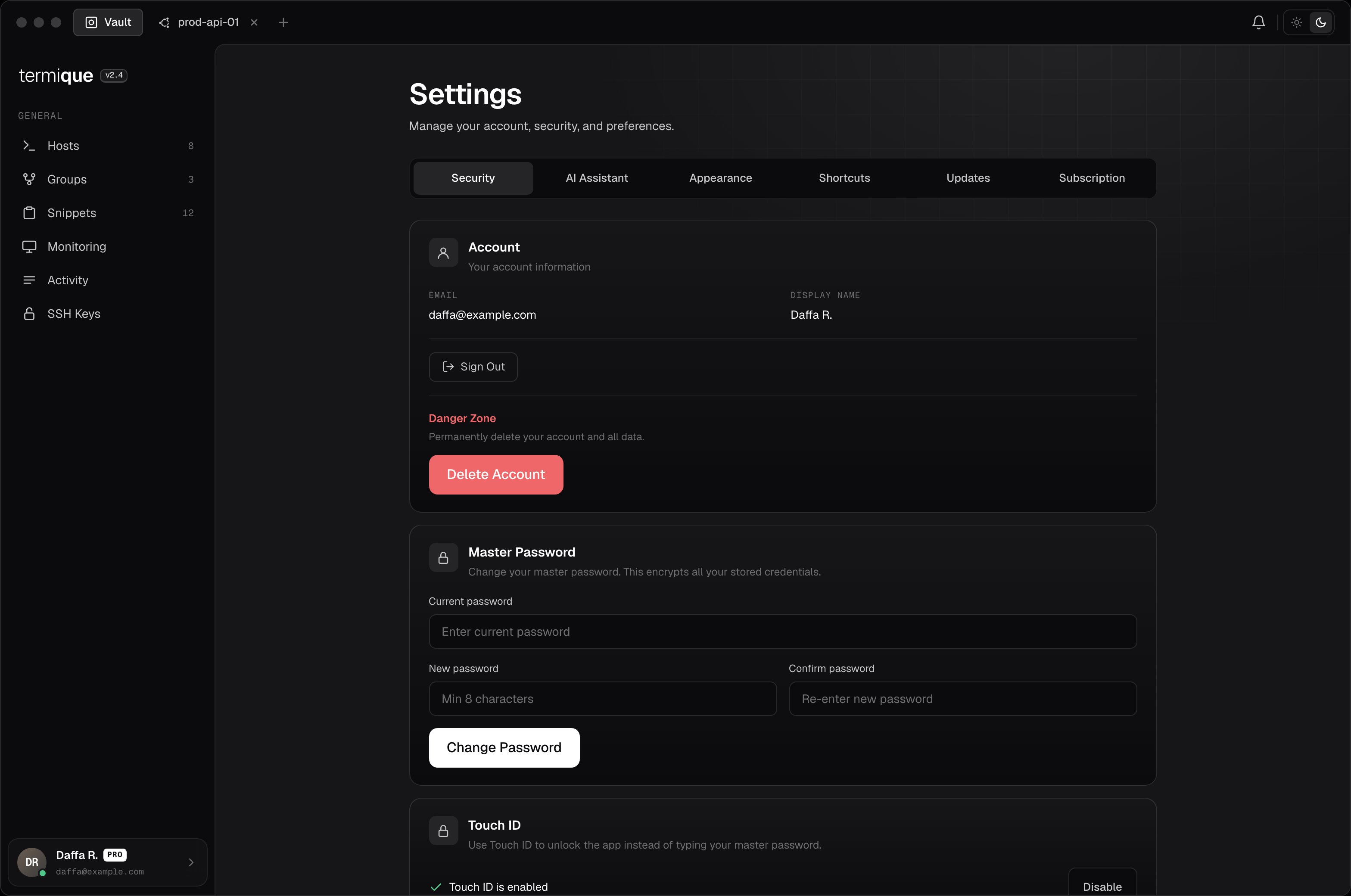 Settings Security tab showing account, master password, and Touch ID