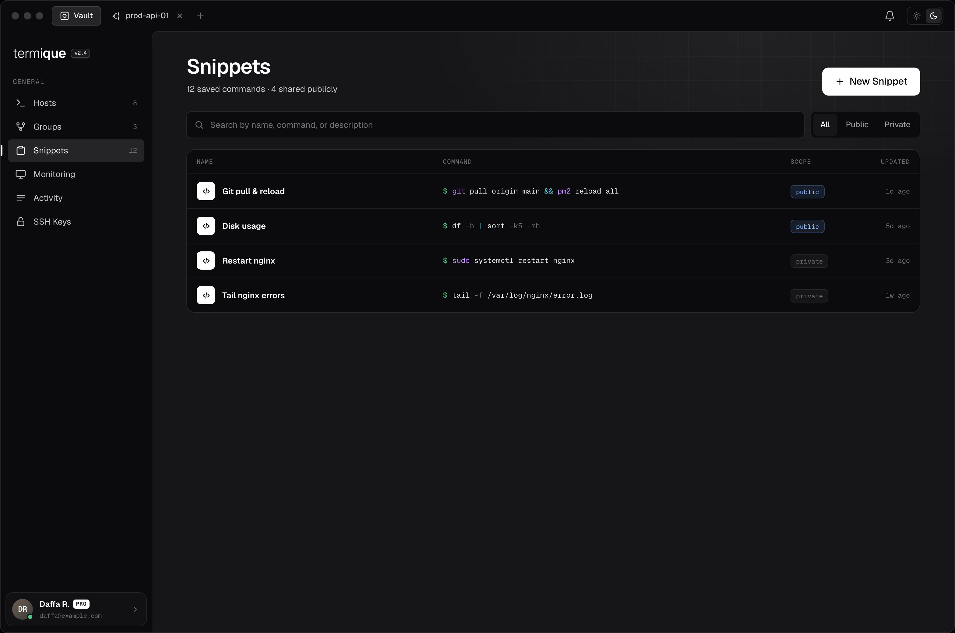 Snippets list showing saved commands with public and private scope