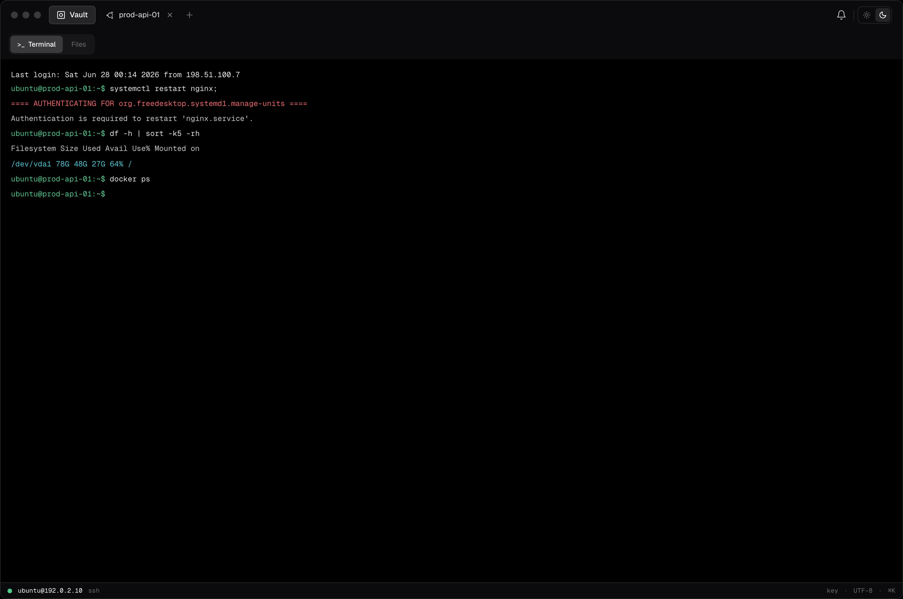 Terminal session showing an active SSH connection