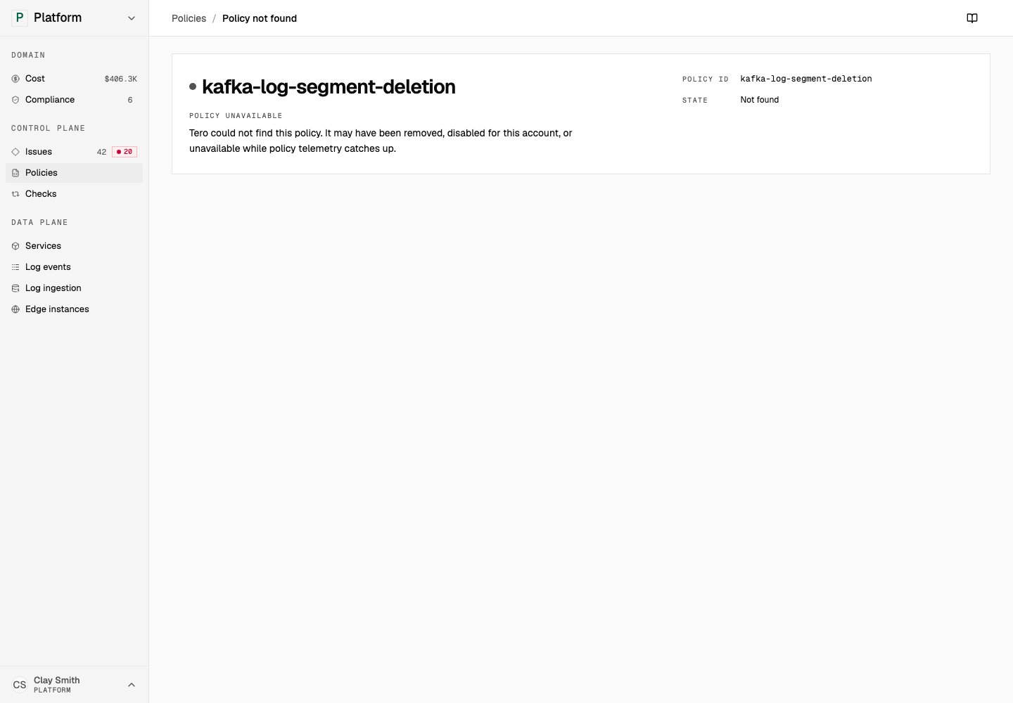Policy detail connects spec, activity, linked issue, and deployments.
