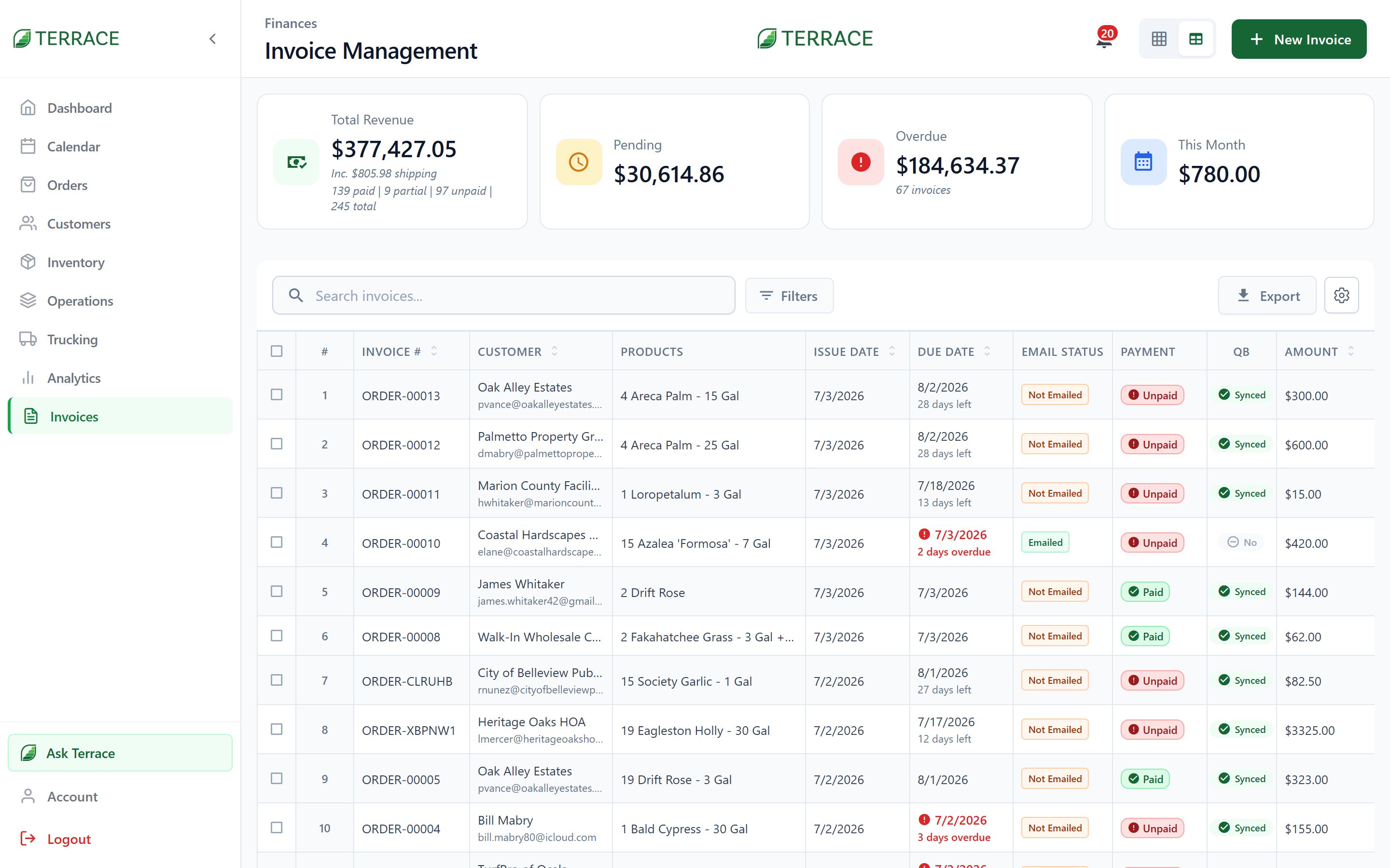 Invoice Management showing revenue totals and a table of invoices with email status, payment status, and QuickBooks sync