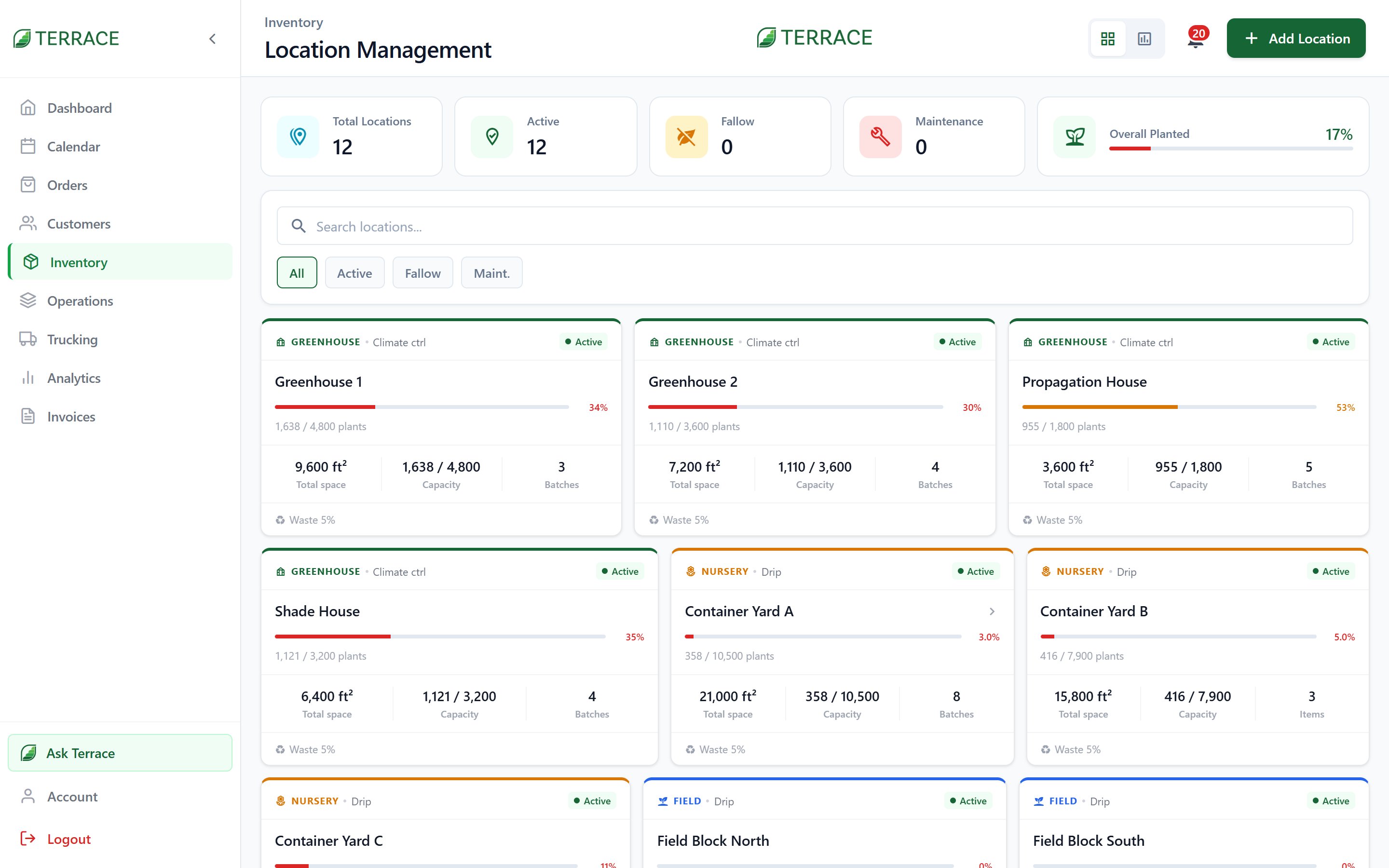 The Locations screen showing farm locations with acreage, capacity, and status