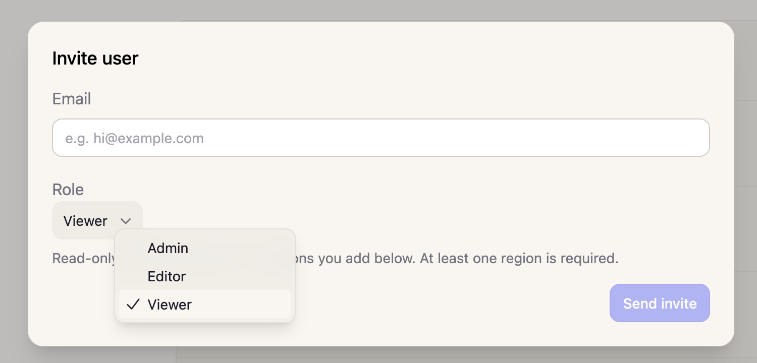 Invite user dialog showing the Admin, Editor and Viewer roles