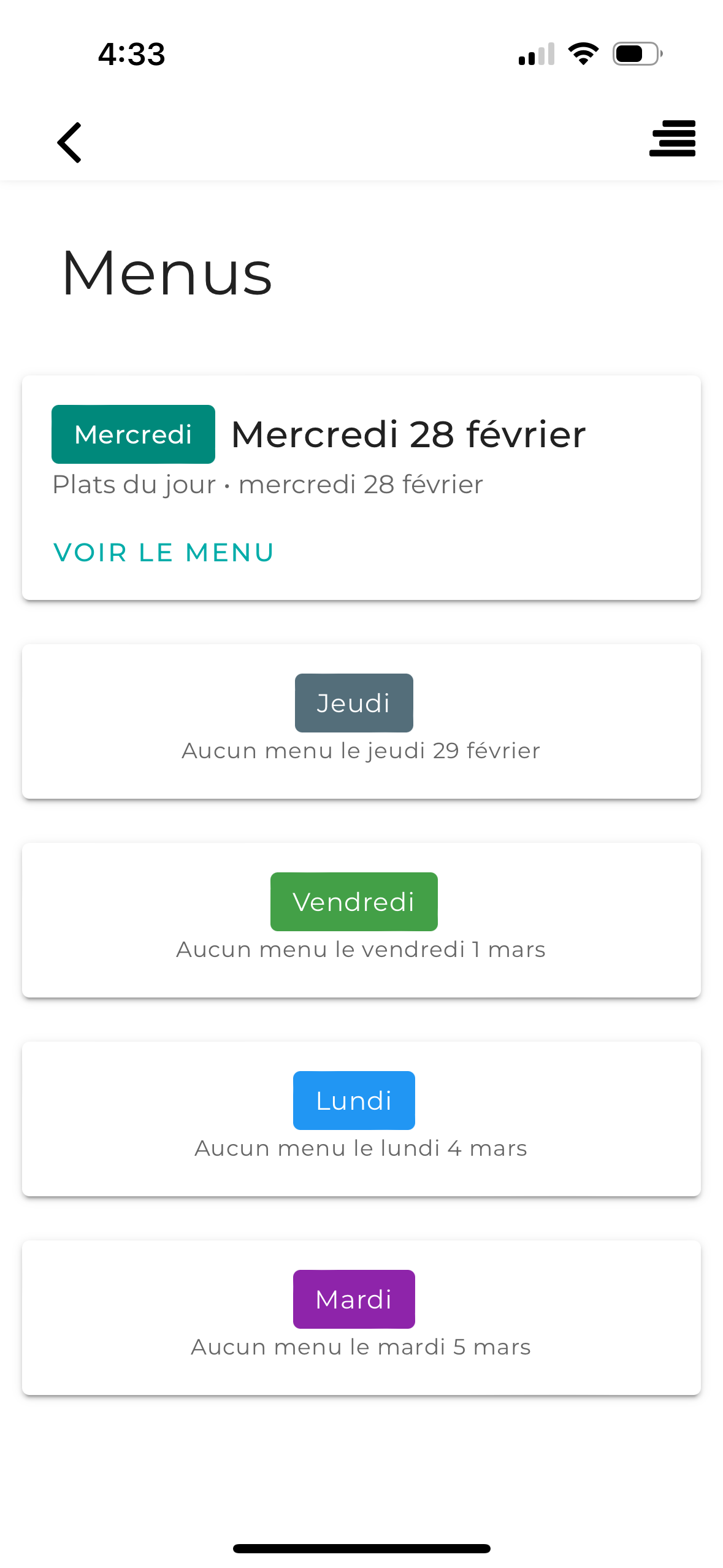 Menu - liste des plats