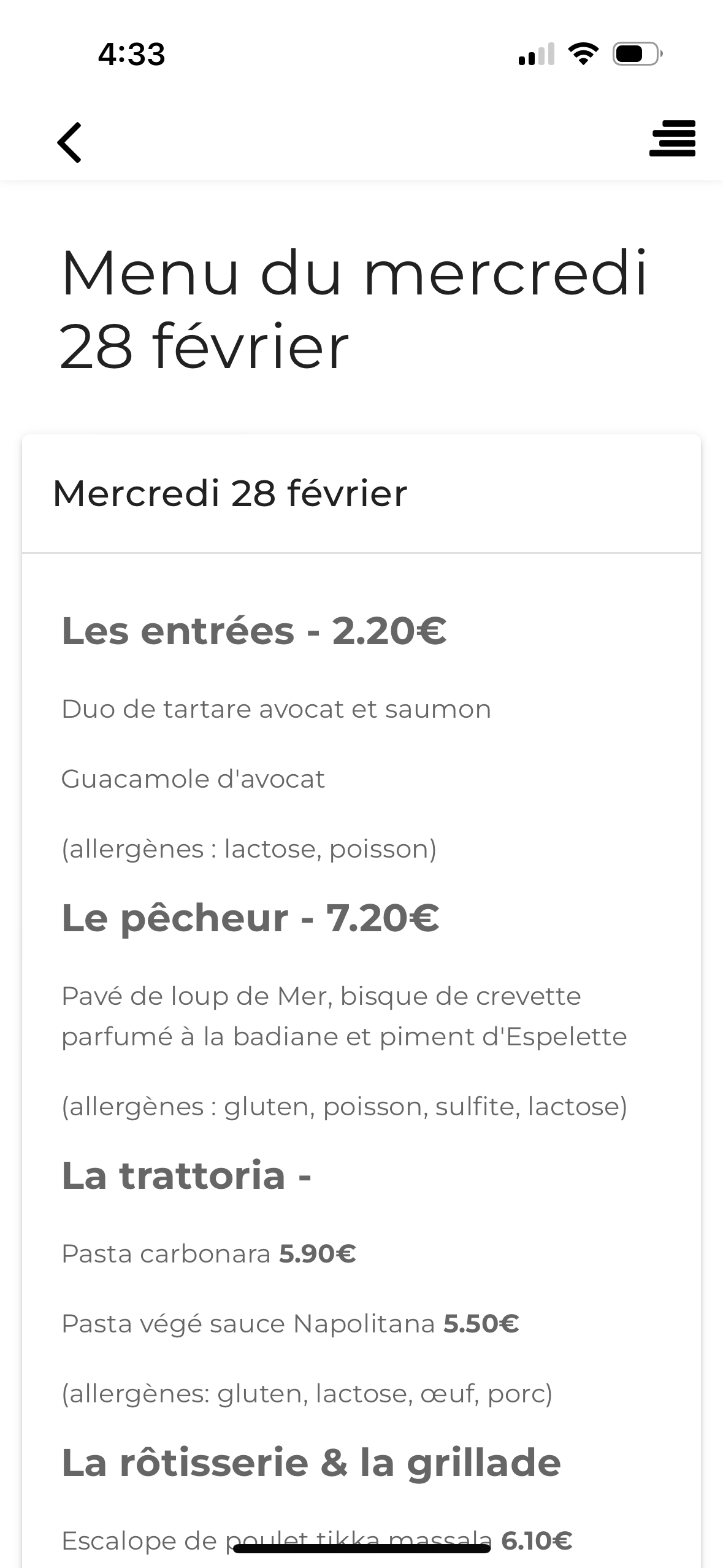 Menu - détail du plat