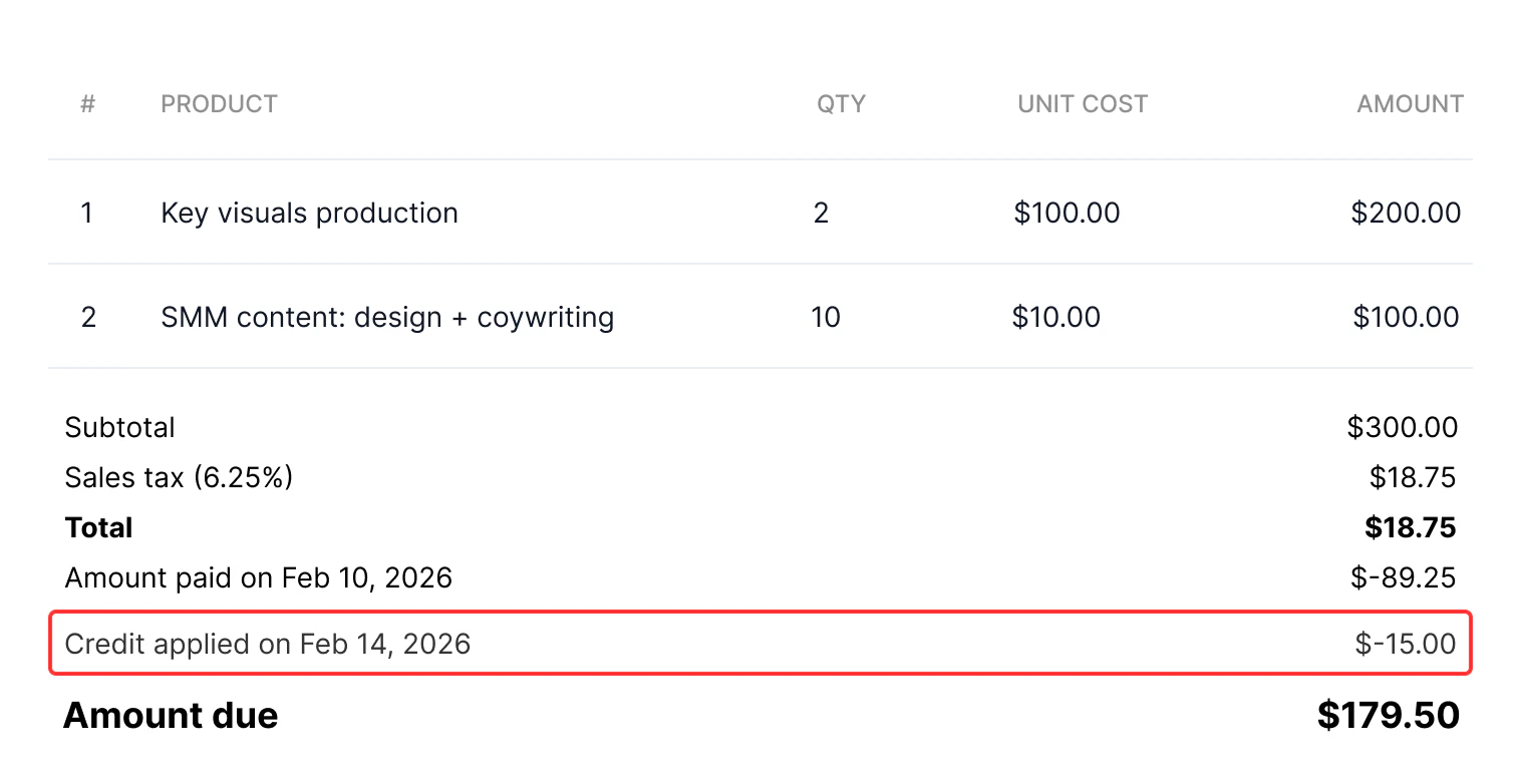 An invoice with a list of credits applied