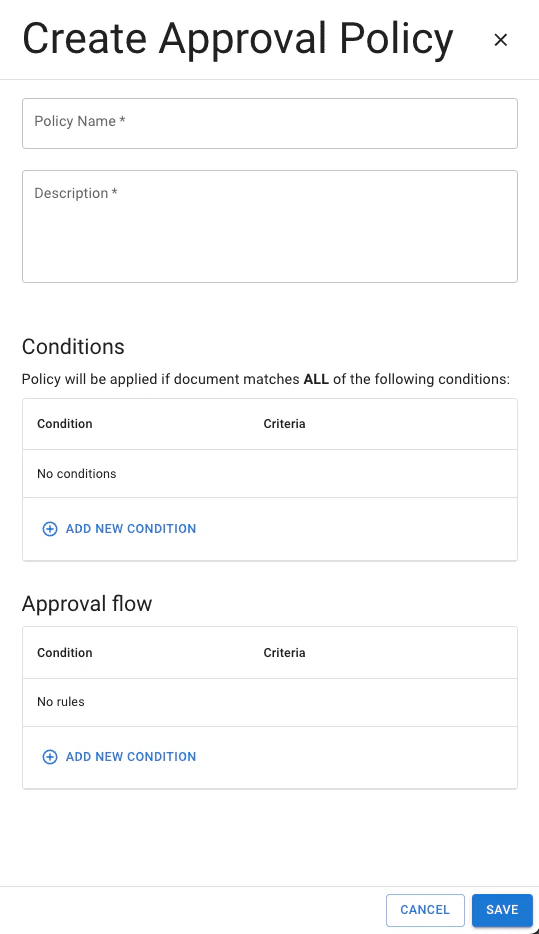 ApprovalPolicyDetails component with the Approval Policy Creation modal