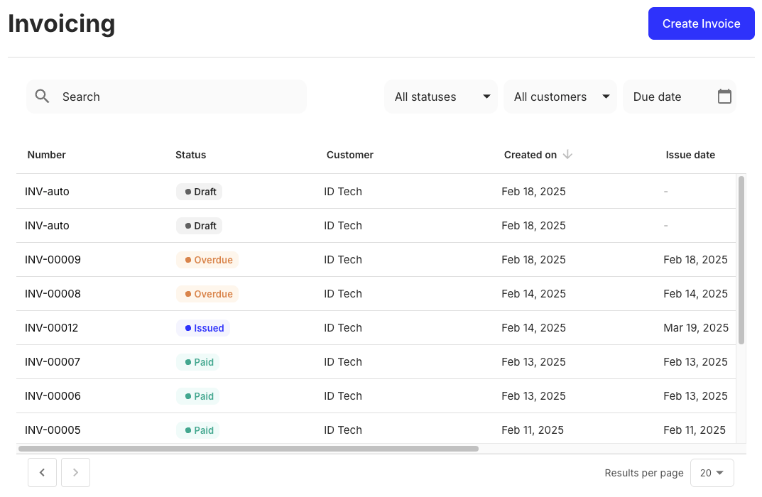 InvoicesTable component preview