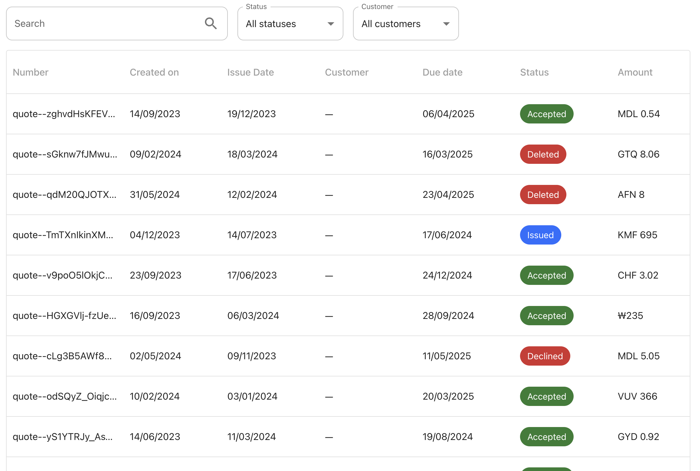QuotesTable component preview