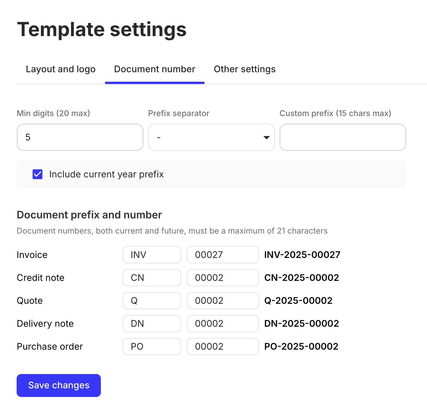 TemplateSettings component: 'Document number' tab