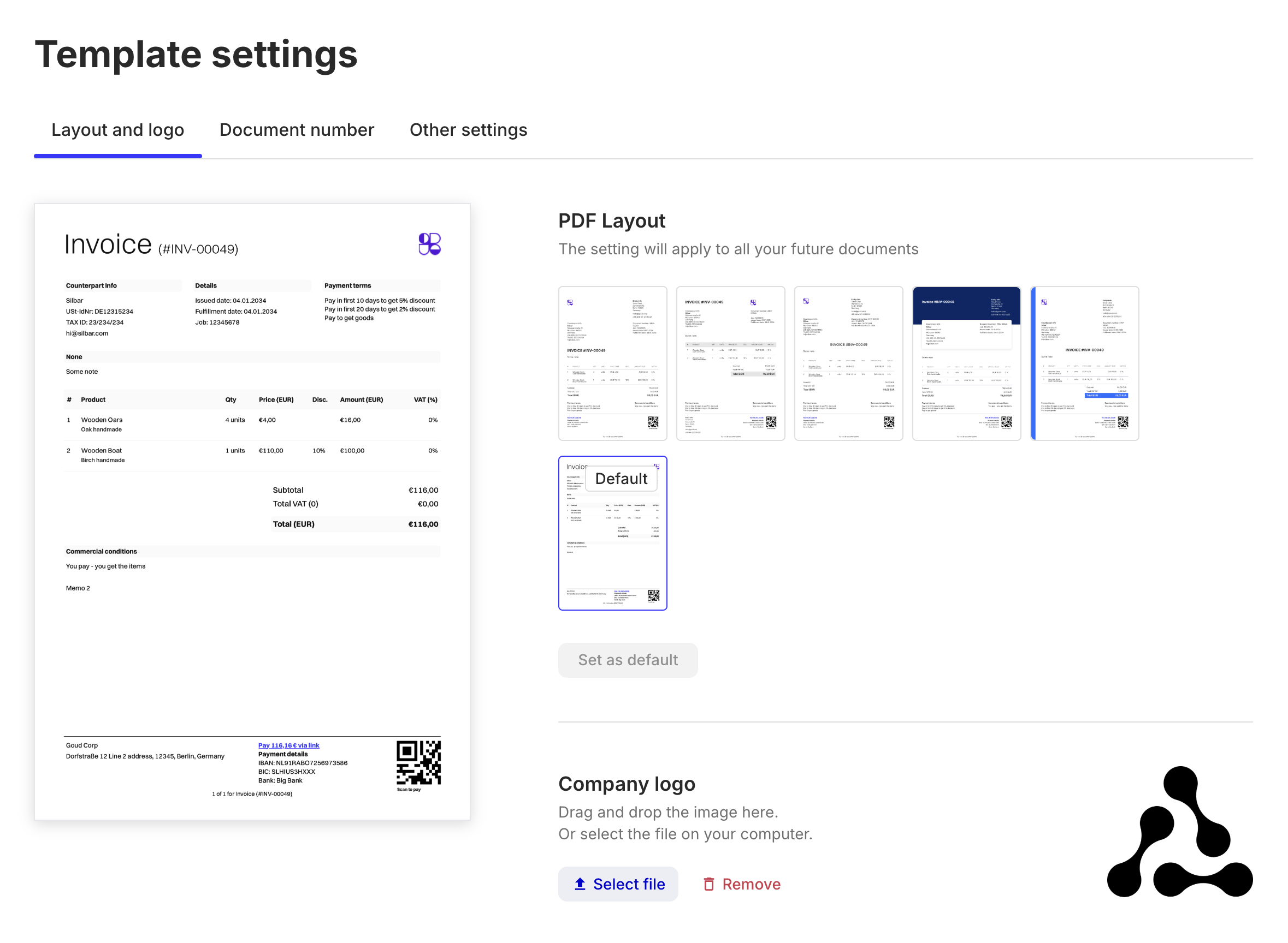TemplateSettings component: 'Layout and logo' tab