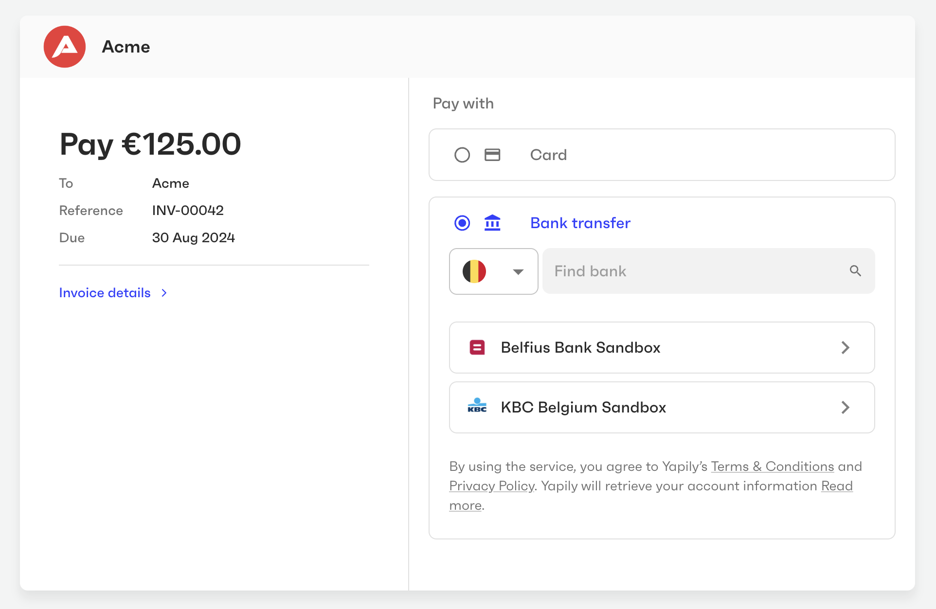 Monite payment page with the SEPA Credit transfer option
